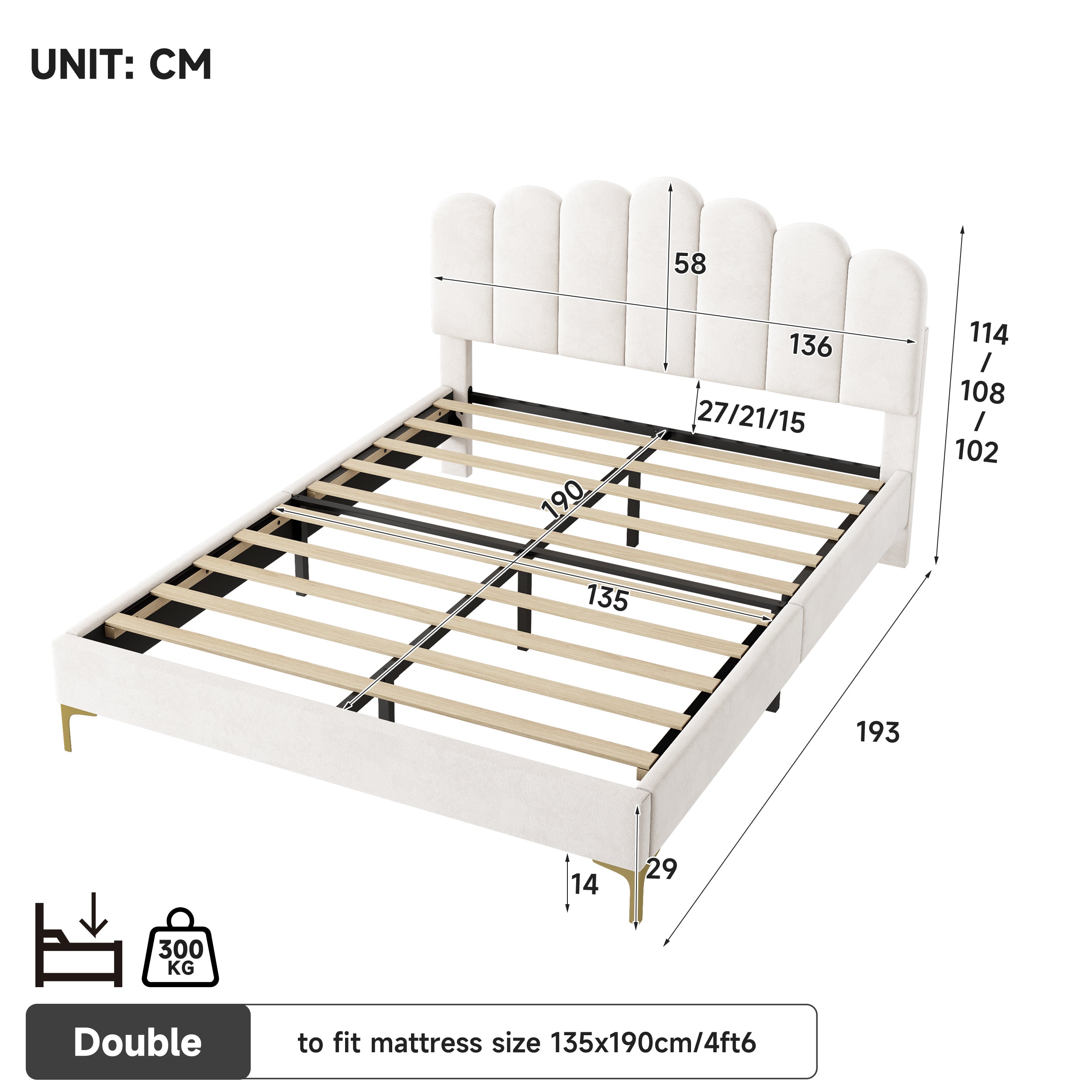 4ft6 Double Premium Velvet Upholstered Bed Frame with Scalloped Channel Tufted Design, Height Adjustable Headboard & Gold Metal Feet, Under-bed Storage Space, No Box Spring Needed, Beige (No Mattress)