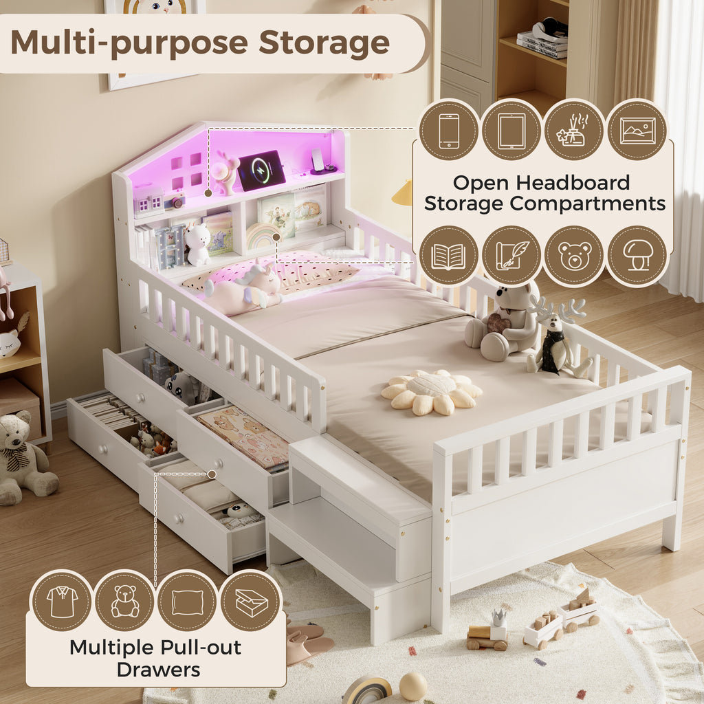 3ft Single Wooden Bed Frame with Step Stool, LED House-shaped Storage Headboard with Drawer Storage, USB and Type - C Ports, No Box Spring Needed, White (No Mattress)