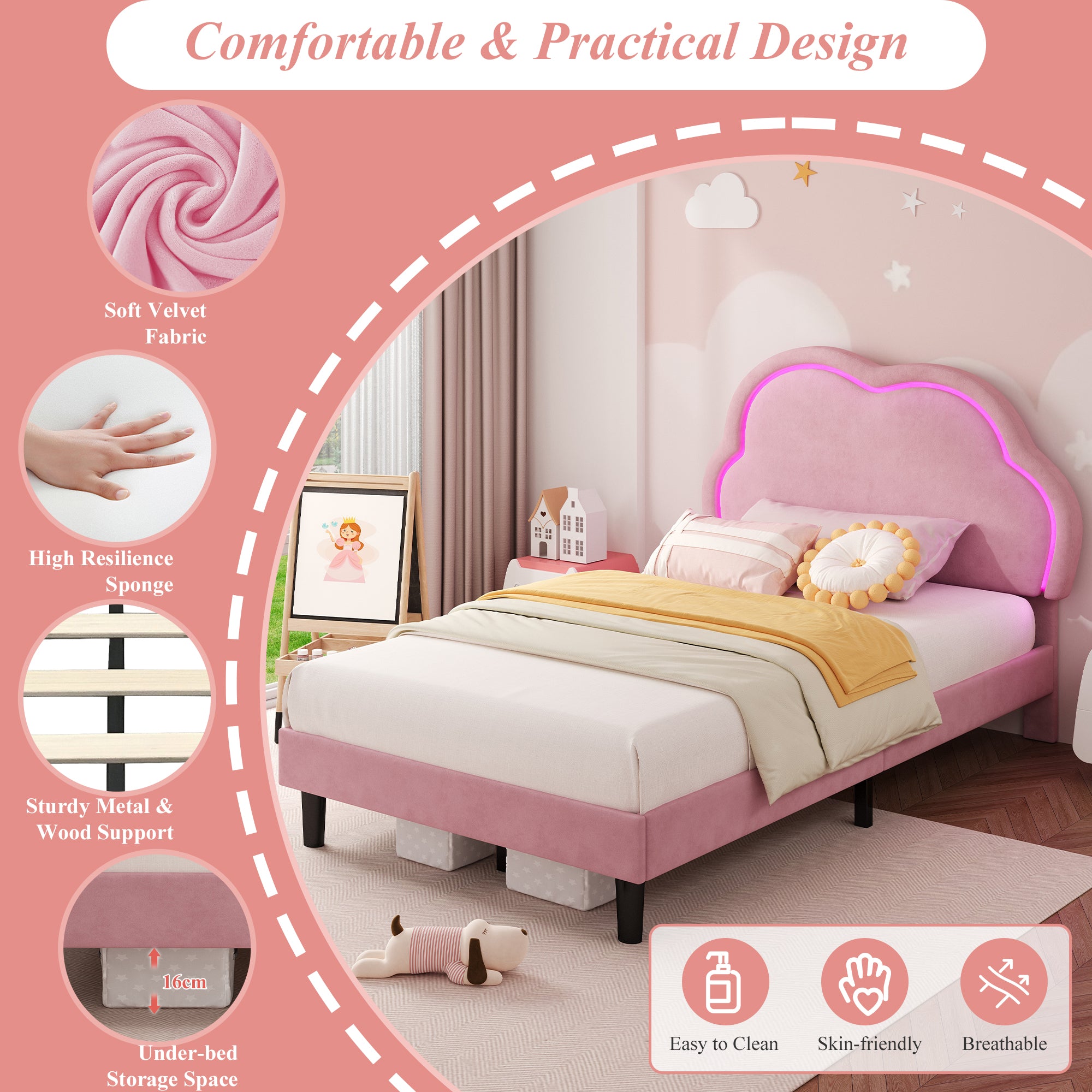 3ft Single Upholstered Bed with LED Adjustable Cute Cloud Headboard, Soft Velvet Bed Frame with Solid Wood Slat, No Box Spring Needed, Easy Assembly, Pink (No Mattress)