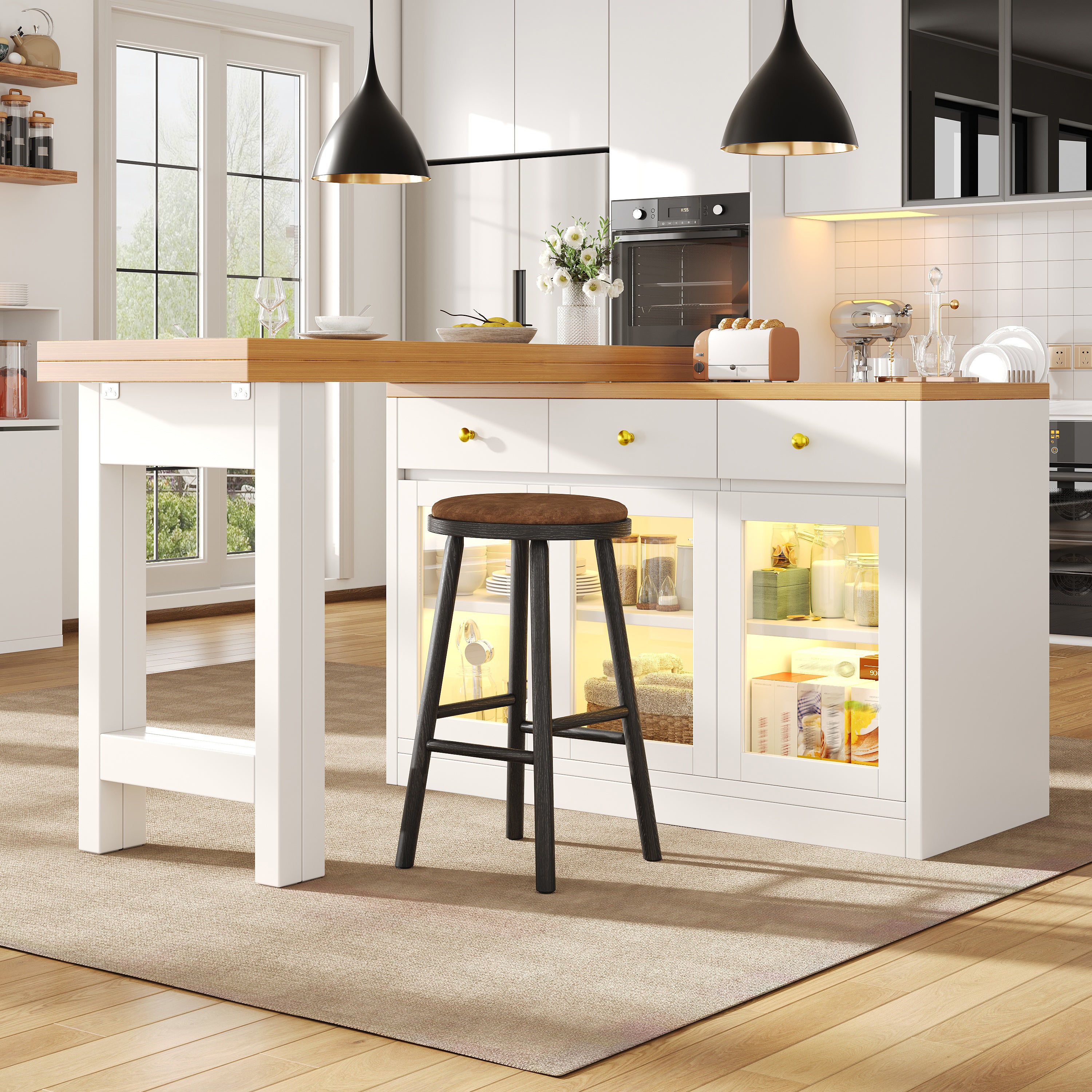 Extendable Kitchen Island with LED Lights, 120-200cm Adjustable Dining Table with Storage, 3 Drawers & Glass Cabinets, White/Black