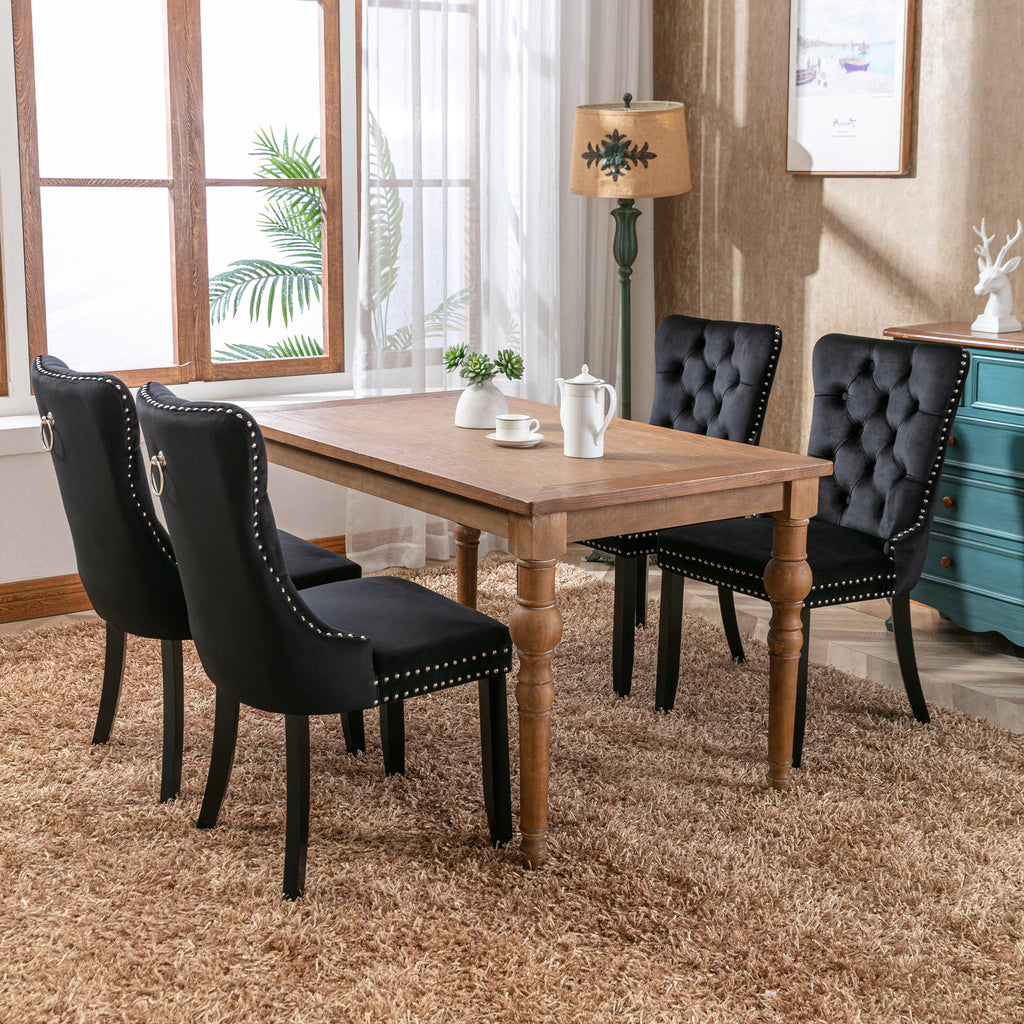 Modern Set of 4 Upholstered Velvet Dining Chairs, Button Tufted Kitchen Lounge Chairs with Solid Wood Legs, Riveted Trim and Knocker Ring, for Dining Room Living Room, Black