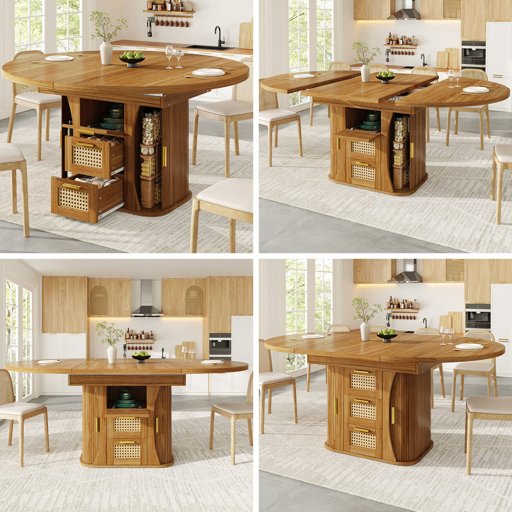 Extendable dining table with storage, 118–158cm table with rattan drawers, MDF wood look, black / natural wood / brown