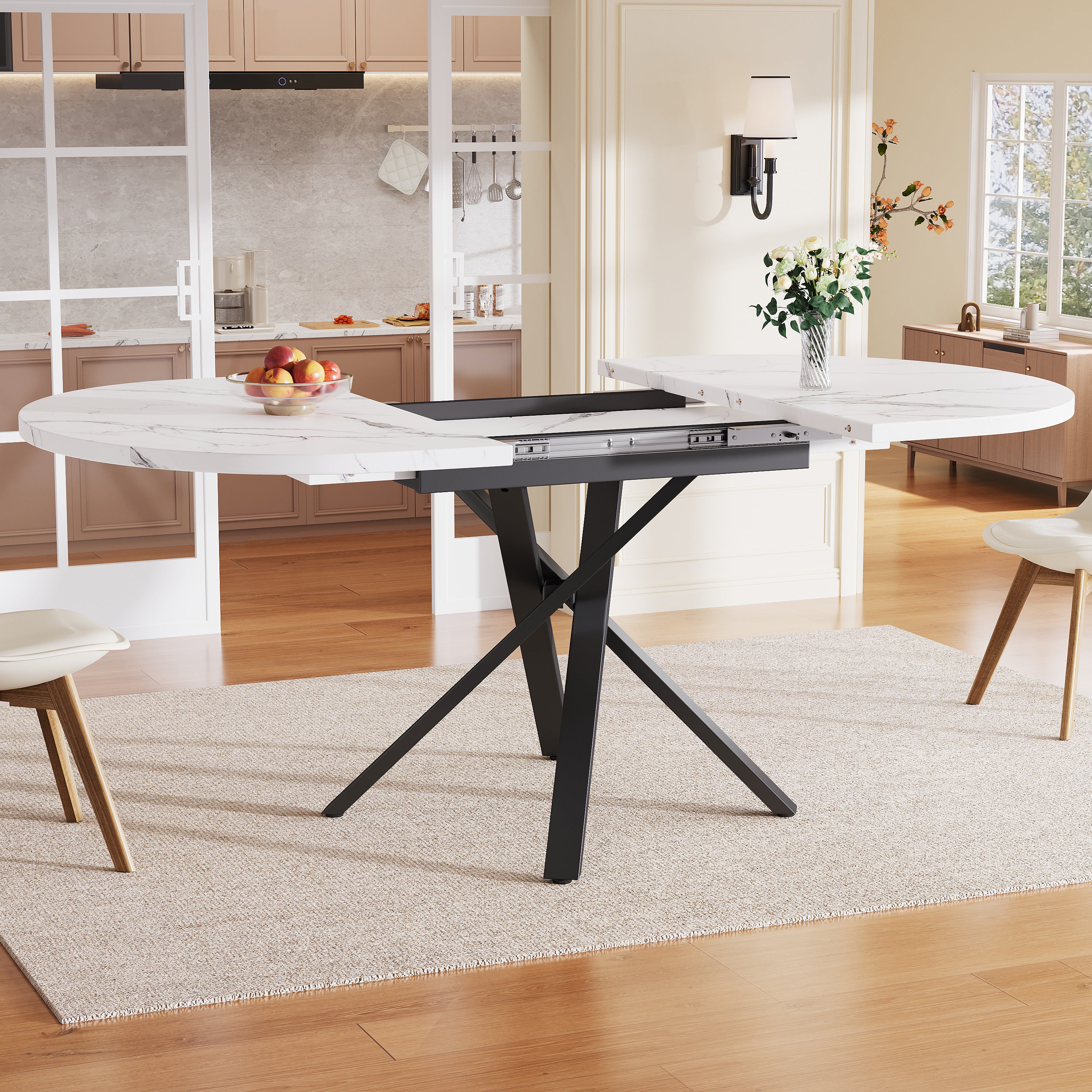 Extendable dining table 100-140cm, round-oval table, stable X-metal frame, adjustable feet, white&black