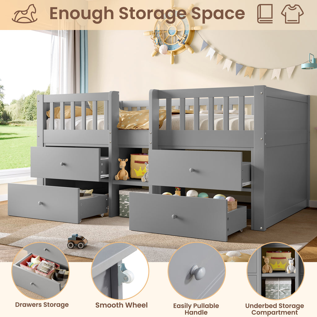 Low Loft Bed with Storage, Solid Wood Bed Frame with Drawer Storage, 3ft Single Bed with Guardrail, No Box Spring Needed, Saving-space Design for Bedroom, Modern Bed for Children, Grey (No Mattress)