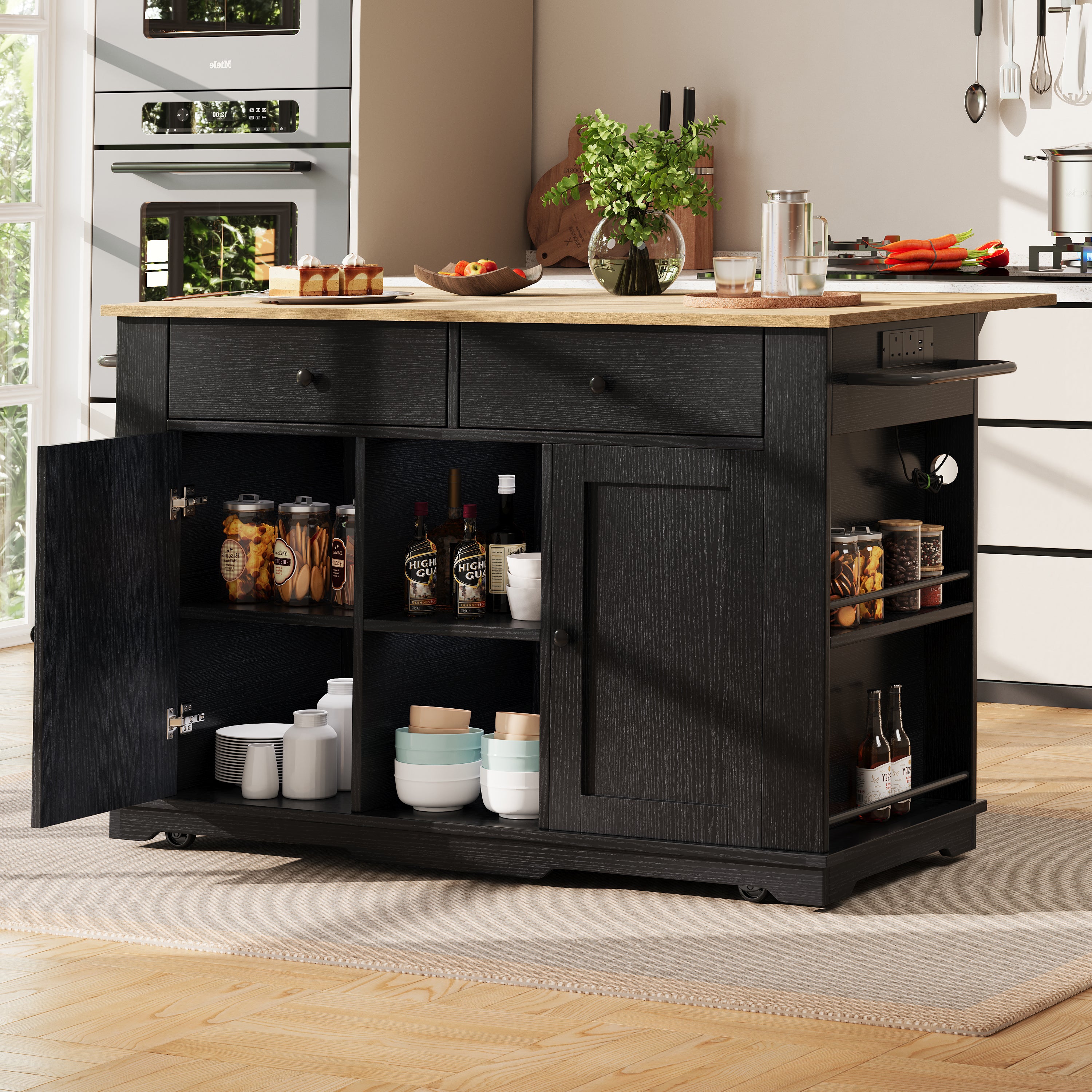 Kitchen island, kitchen trolley equipped with power strip, kitchen cabinet, serving trolley with worktop, buffet cabinet, dining trolley with wood grain, black