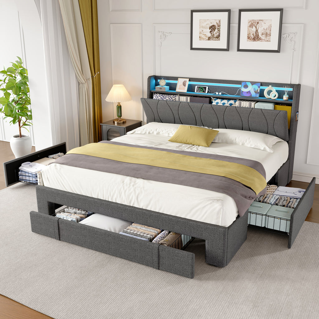 4ft6 Double Upholstered Bed with Three Storage Drawers, LED Headboard with Charging Station and Concealed Headboard Storage,USB and Type - C Ports, Linen, No Box Spring Needed, Grey (No Mattress)