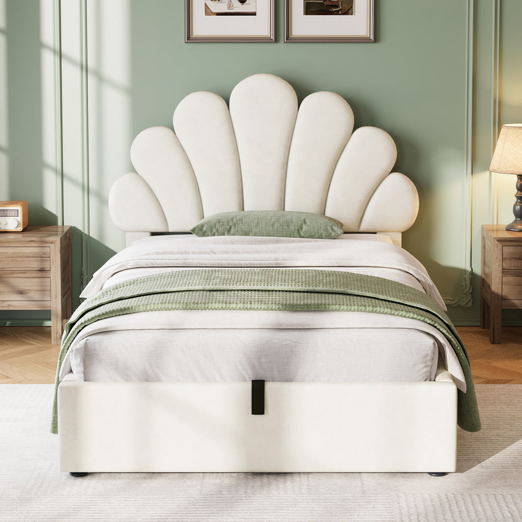 3ft Single Upholstered Hydraulic Bed with Adjustable Chic Petal Headboard, Soft Velvet Bed Frame with Hydraulic Storage, Petal Bed with Solid Wood Slat, No Box Spring Needed, Beige (No Mattress)