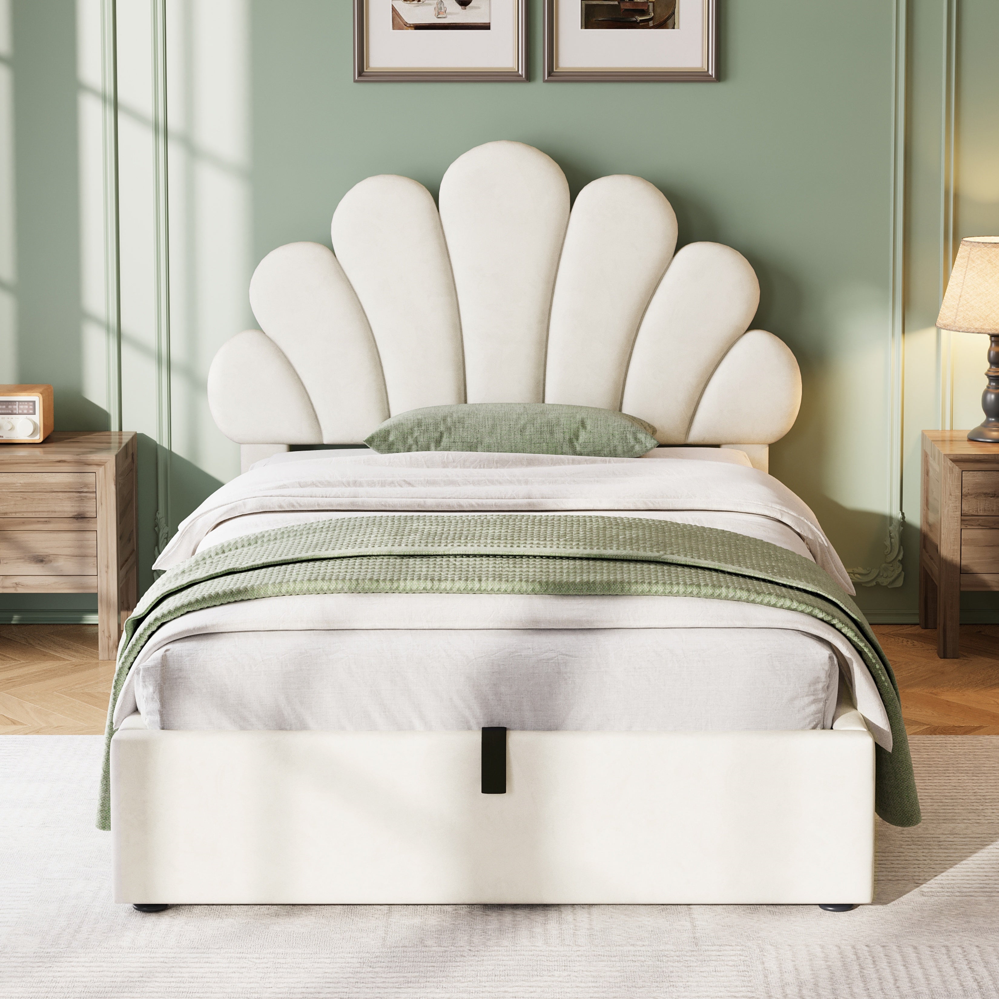 3ft Single Upholstered Hydraulic Bed with Adjustable Chic Petal Headboard, Soft Velvet Bed Frame with Hydraulic Storage, Petal Bed with Solid Wood Slat, No Box Spring Needed, Beige (No Mattress)