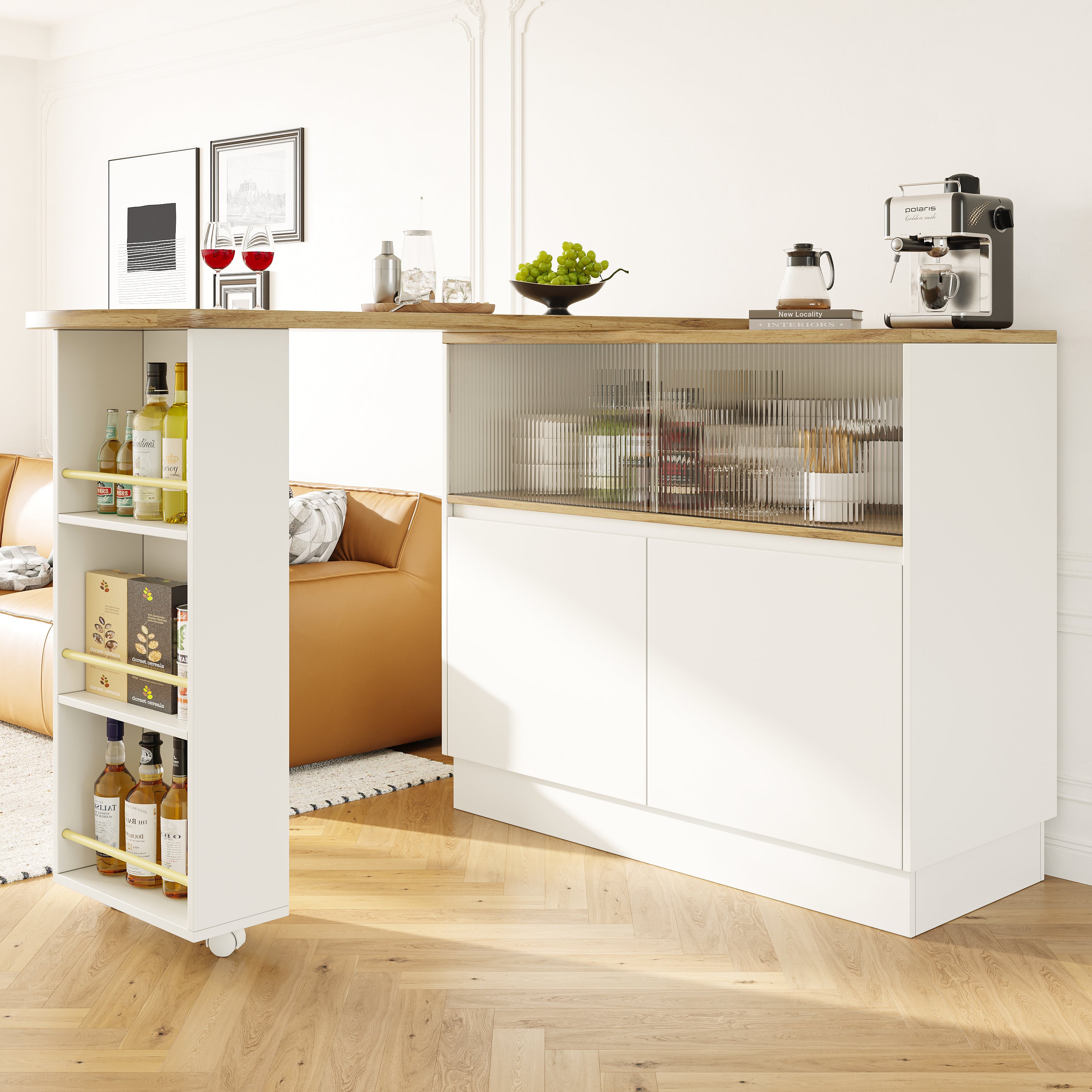 360° swivelling high table (main body 90 x 45 x 100 cm), white multifunctional swivelling sideboard with storage compartment, sliding glass door, suitable for kitchen/dining room