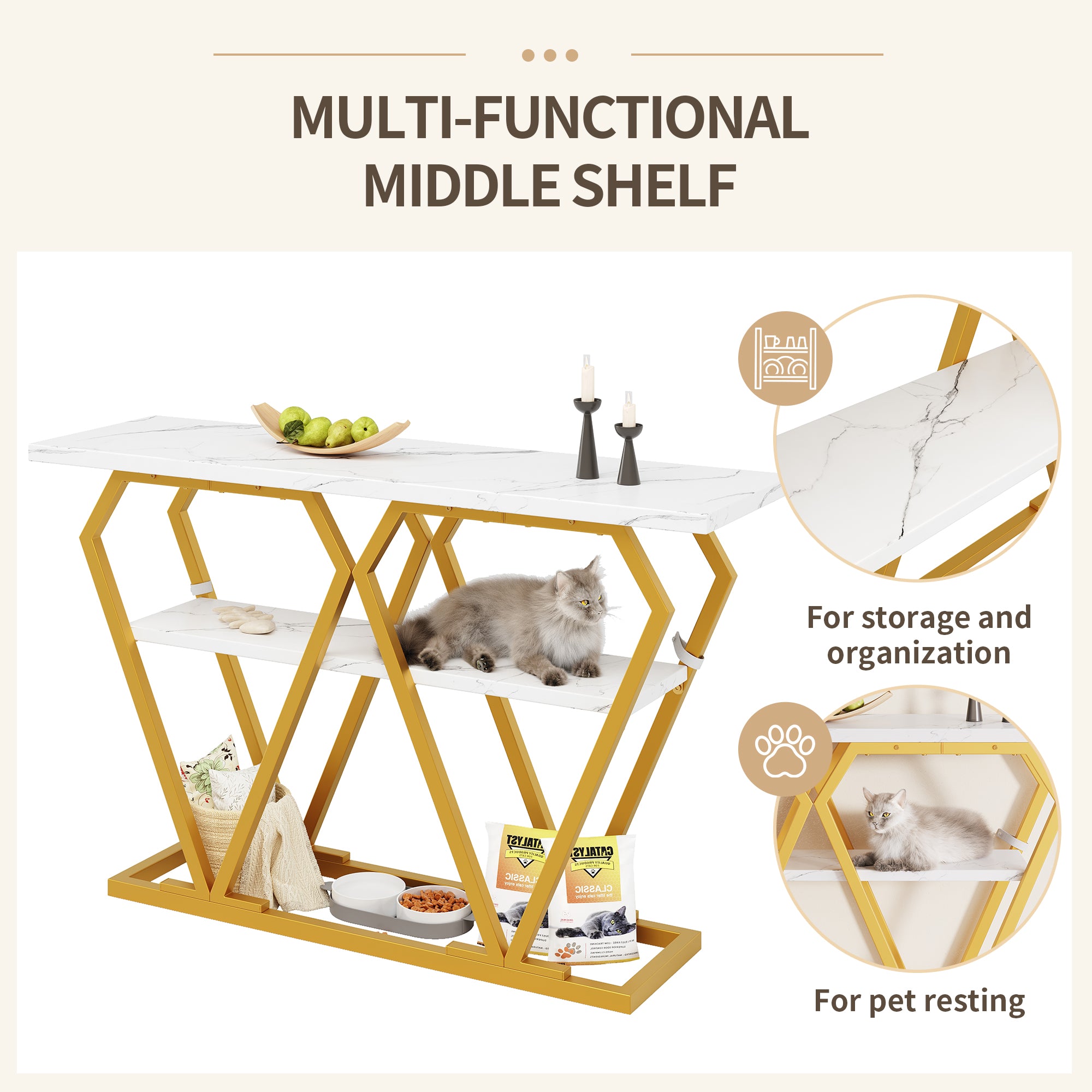 Console table (1 piece) - 120 x 29.5 x 80 cm - Dining & kitchen table, balcony table - Wooden table with marble-look top