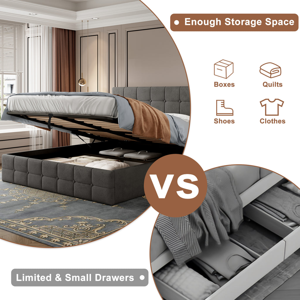 4ft6 Double Upholstered Storage Bed Frame, Velvet Ottoman Bed with Hydraulic Storage, Double Bed with Adjustable Button Tufted Headboard, Metal-Wood Support, No Mattress, Grey