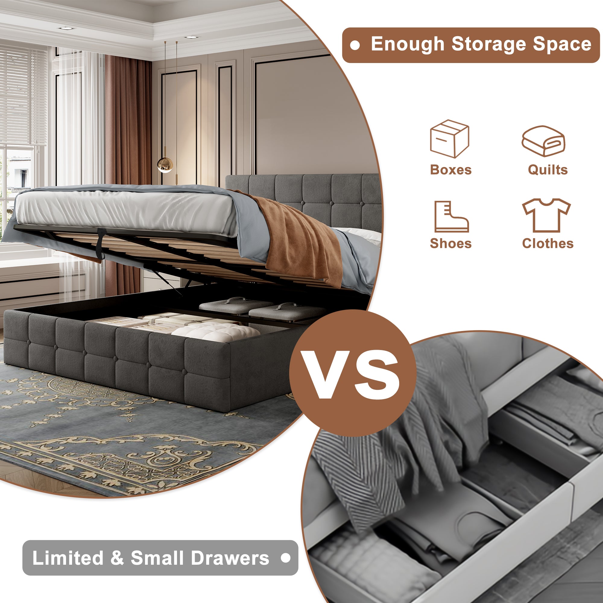 4ft6 Double Upholstered Storage Bed Frame, Velvet Ottoman Bed with Hydraulic Storage, Double Bed with Adjustable Button Tufted Headboard, Metal-Wood Support, No Mattress, Grey