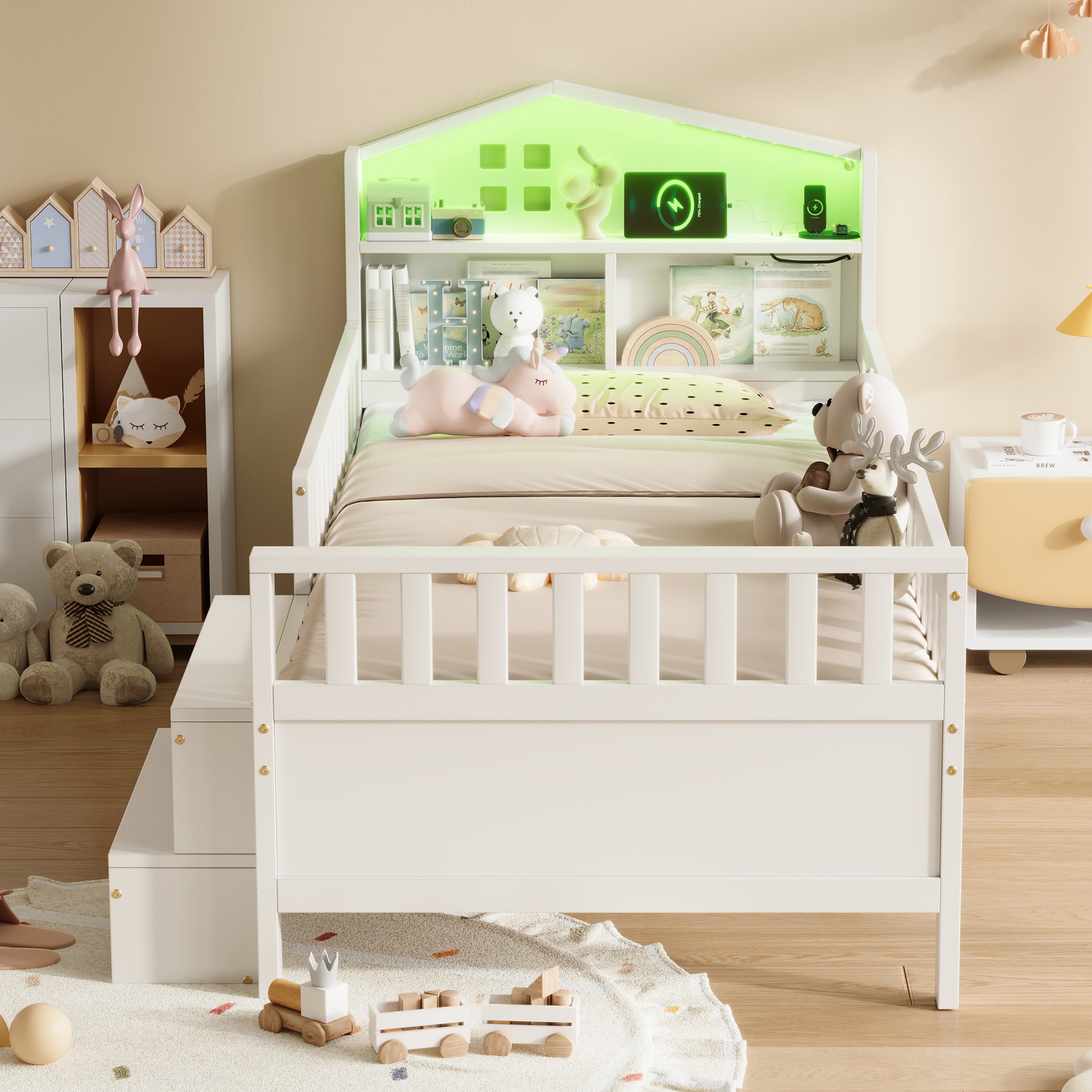 3ft Single Wooden Bed Frame with Step Stool, LED House-shaped Storage Headboard with Drawer Storage, USB and Type - C Ports, No Box Spring Needed, White (No Mattress)