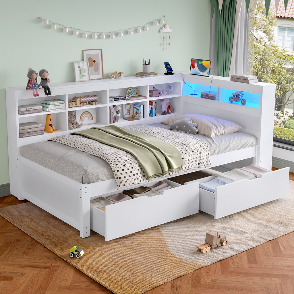 3ft Single Daybed with Two Storage Drawers and Beside Storage, LED Modern Bed frame with Charging Station, Wood Bed for Living Room/ Bedroom/ Study Room, 90X190cm, Easy Assembly, White (No Mattress)