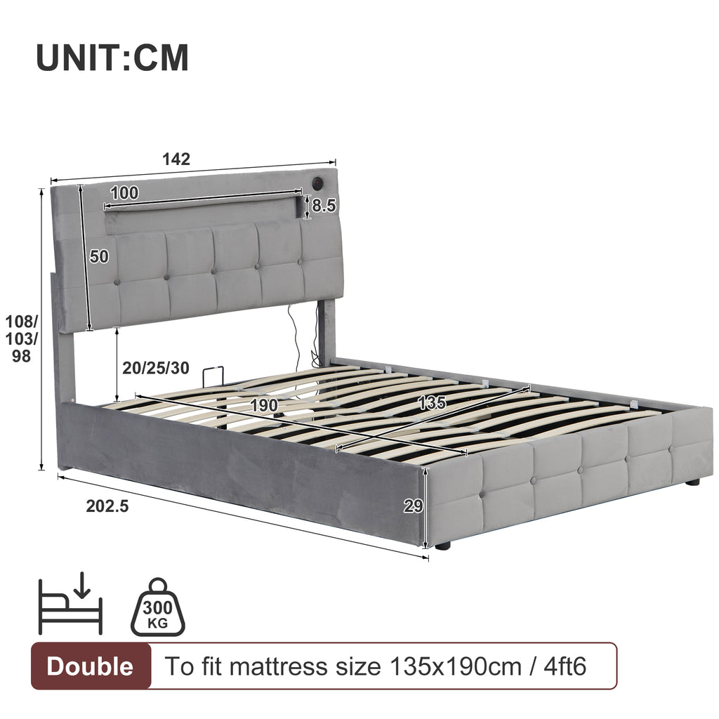 4ft6 Double Upholstered Bed Frame with Hydraulic Storage, Velvet Ottoman Bed with LED Lighting and Charging Station,  Double Bed with Adjustable Button Tufted Headboard, Grey (No Mattress)
