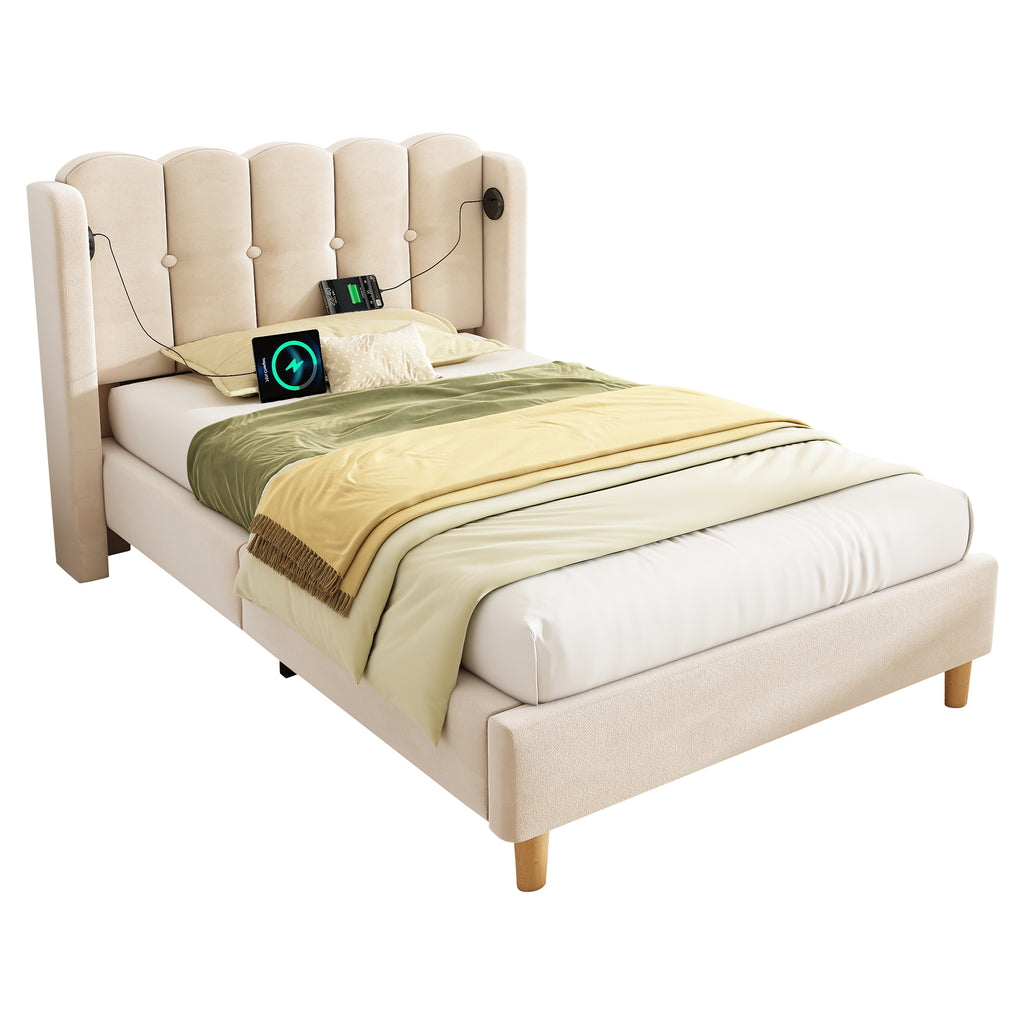 Upholstered Single Bed with USB and Type-C Charging, 3FT Bed Frame with Wooden Slatted Frame, Teenager Bed for Bedroom & Guest Room, 90 x 190 cm, Beige, Velvet (No Mattress)