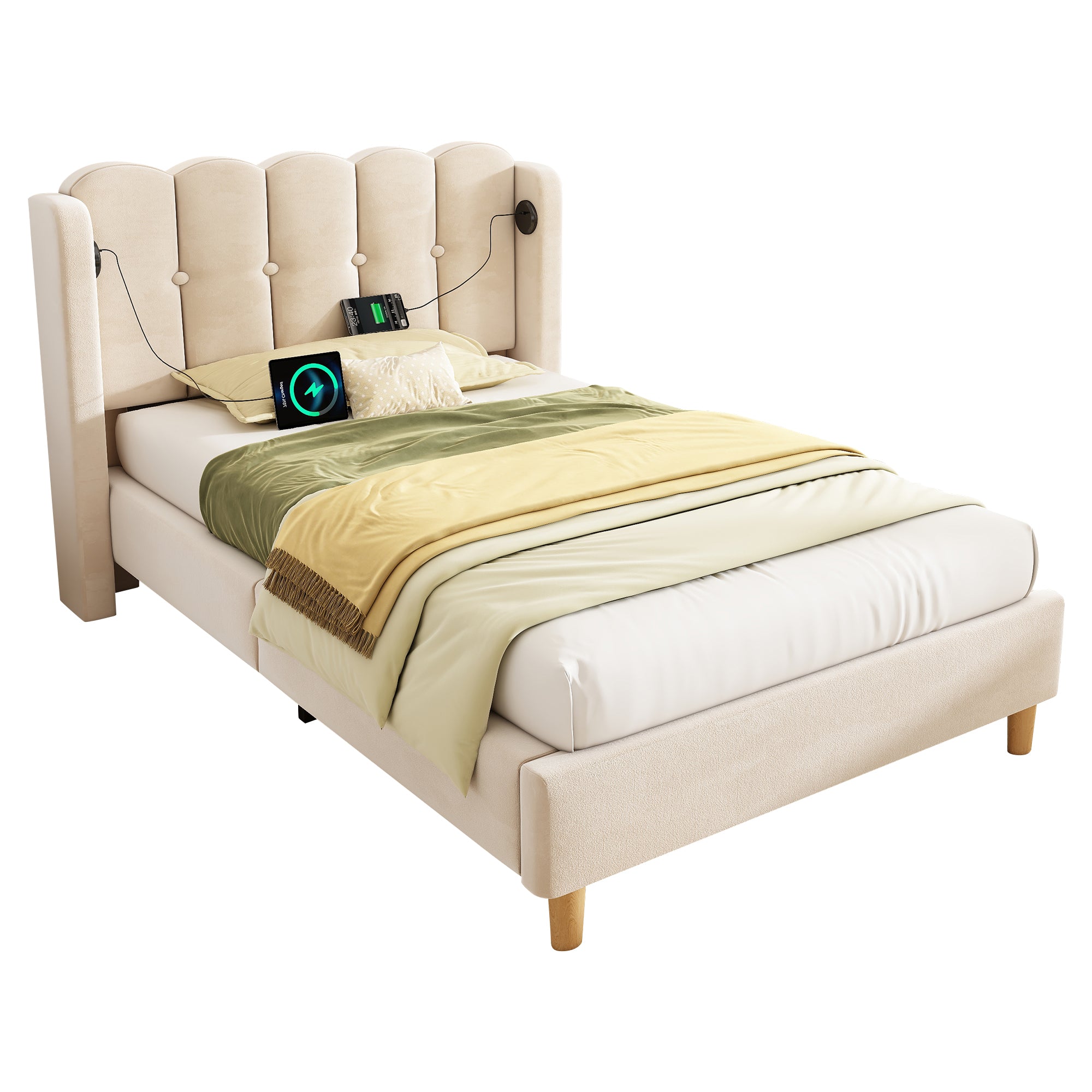 Upholstered Single Bed with USB and Type-C Charging, 3FT Bed Frame with Wooden Slatted Frame, Teenager Bed for Bedroom & Guest Room, 90 x 190 cm, Beige, Velvet (No Mattress)