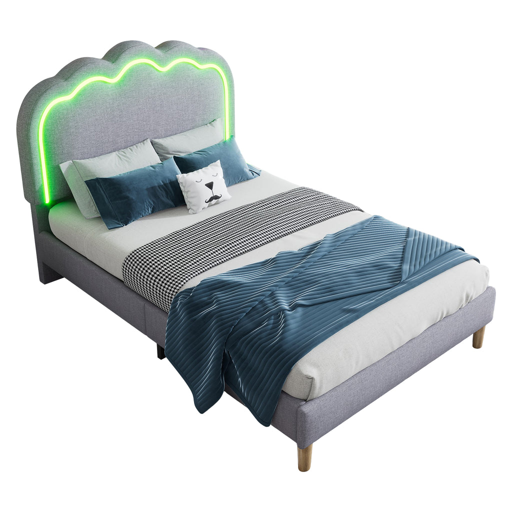 Upholstered Bed, 3ft 90x190cm Single Bed with LED, Bed Frame with Wooden Slats and Adjustable Height Headboard, Teen Bed for Bedroom and Guest Room, Grey, Linen Material, Without Mattress.