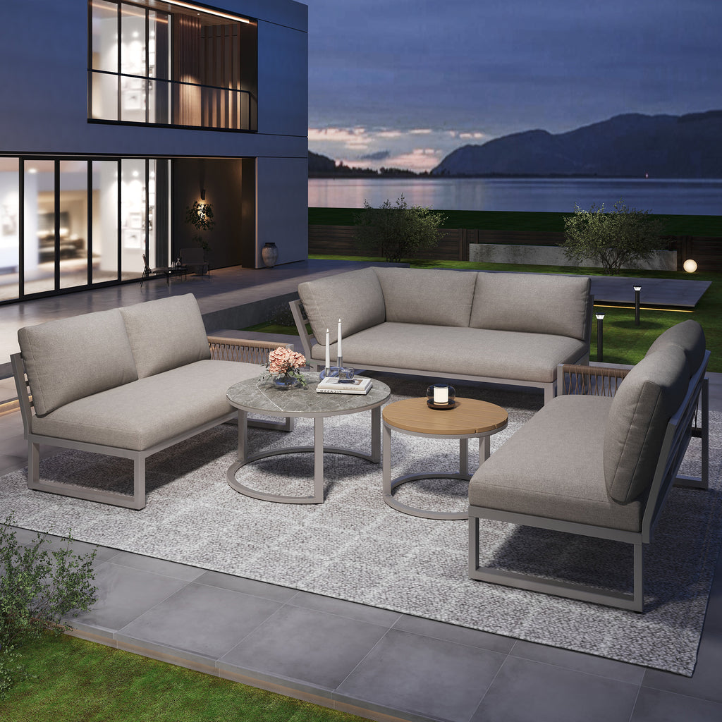 Outdoor garden lounge set, furniture set for 6-7 people, corner sofa with galvanized iron frame, adjustable legs, includes all seat and back cushions, beige
