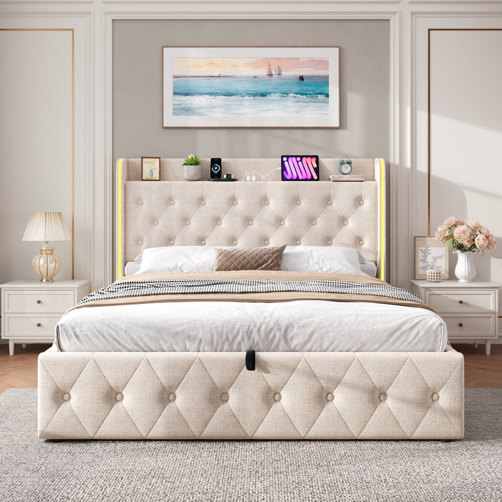 4ft6 Double Upholstered Bed Frame with Hydraulic Storage, LED Headboard with Charging Station and Button-tufted Design, USB and Type-C Ports, Linen, No Box Spring Needed, Beige (No Mattress)