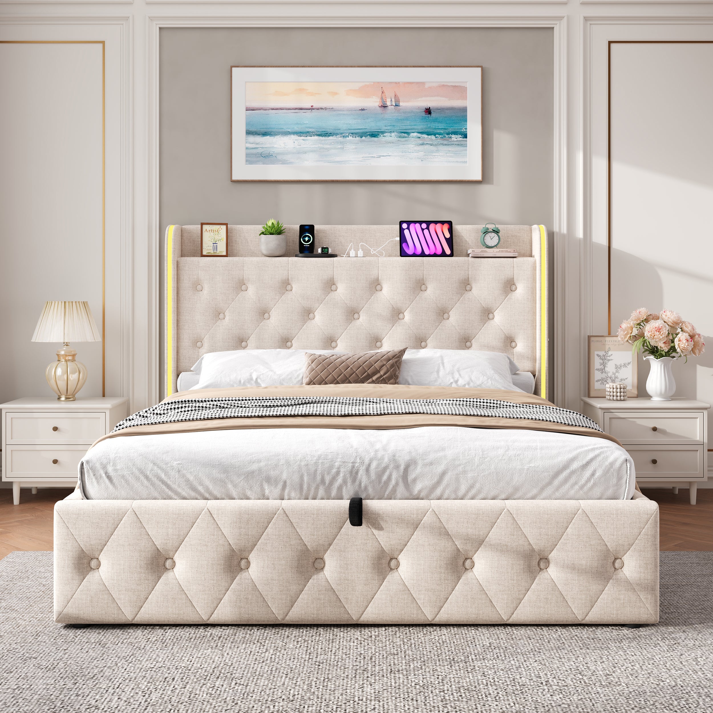 4ft6 Double Upholstered Bed Frame with Hydraulic Storage, LED Headboard with Charging Station and Button-tufted Design, USB and Type-C Ports, Linen, No Box Spring Needed, Beige (No Mattress)