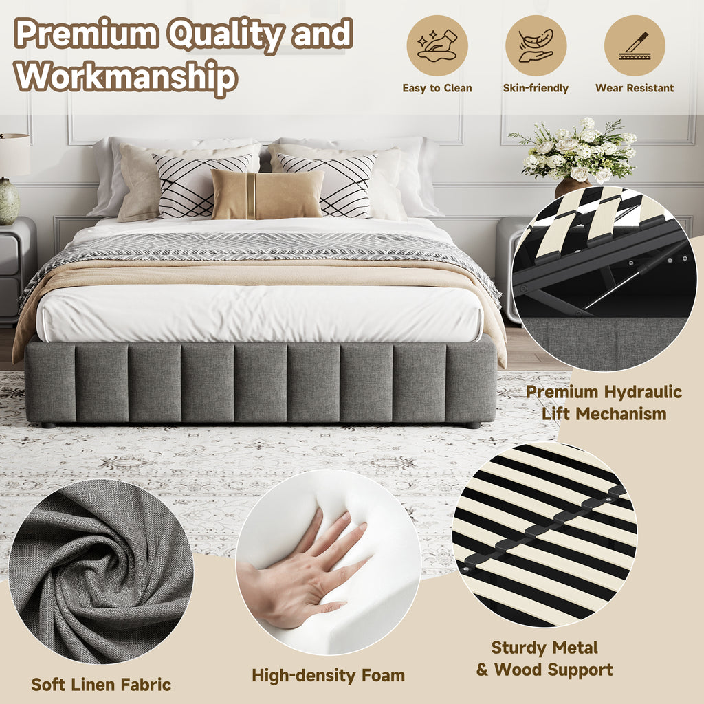 4ft6 Double Upholstered Storage Bed Frame, No Headboard  Linen Bed Frame with Hydraulic Storage, Channel Tufted  Ottoman Bed, Metal-Wood Support, No Box Spring Needed, Easy Assembly,Grey (No Mattress)