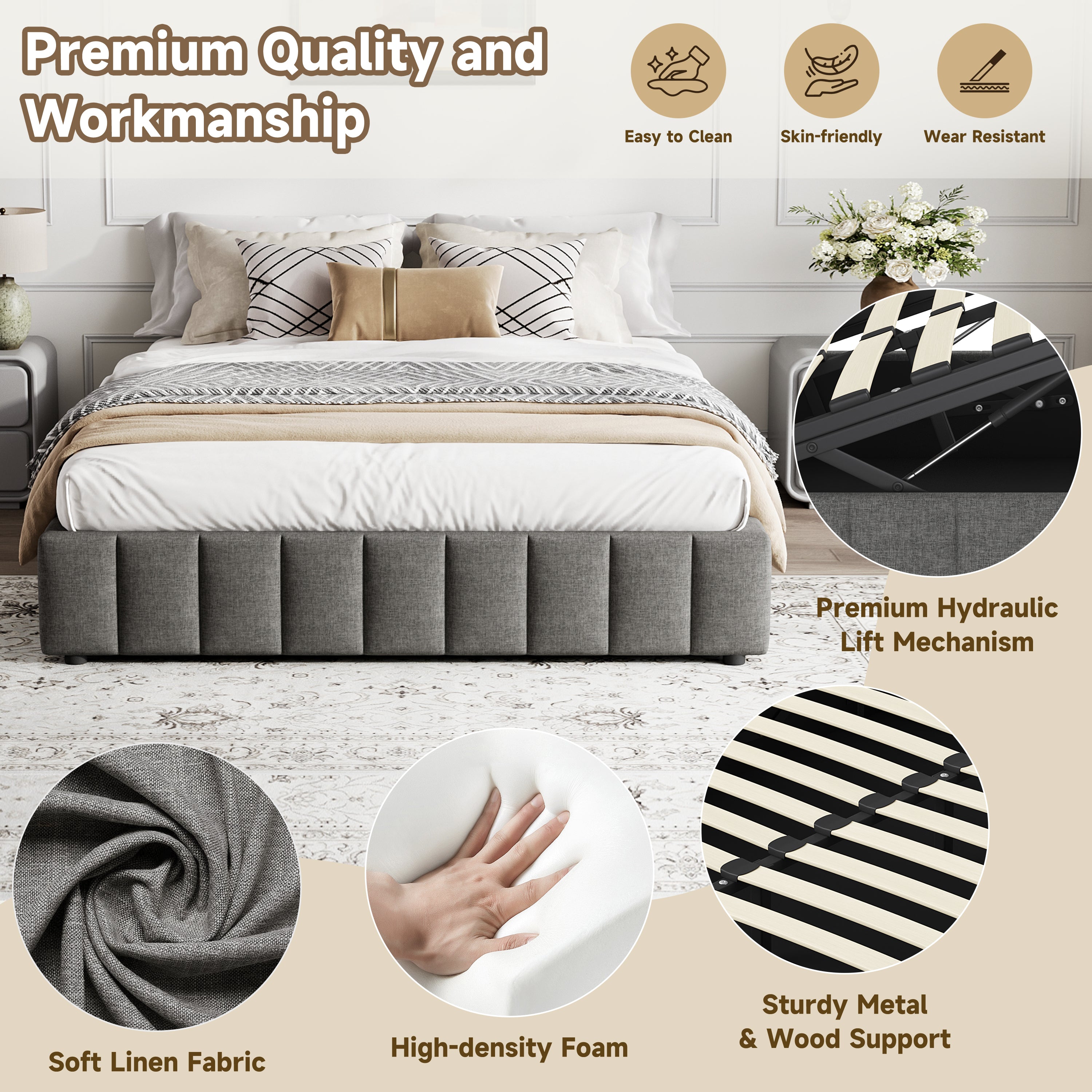 4ft6 Double Upholstered Storage Bed Frame, No Headboard  Linen Bed Frame with Hydraulic Storage, Channel Tufted  Ottoman Bed, Metal-Wood Support, No Box Spring Needed, Easy Assembly,Grey (No Mattress)