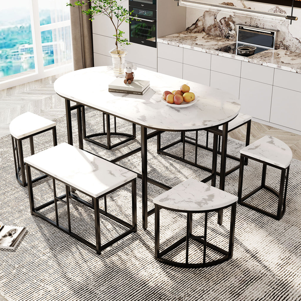 Dining room table set with six chairs, Dining group with white MDF seat cushions and gold-plated iron frames, Modern luxury tables and chairs