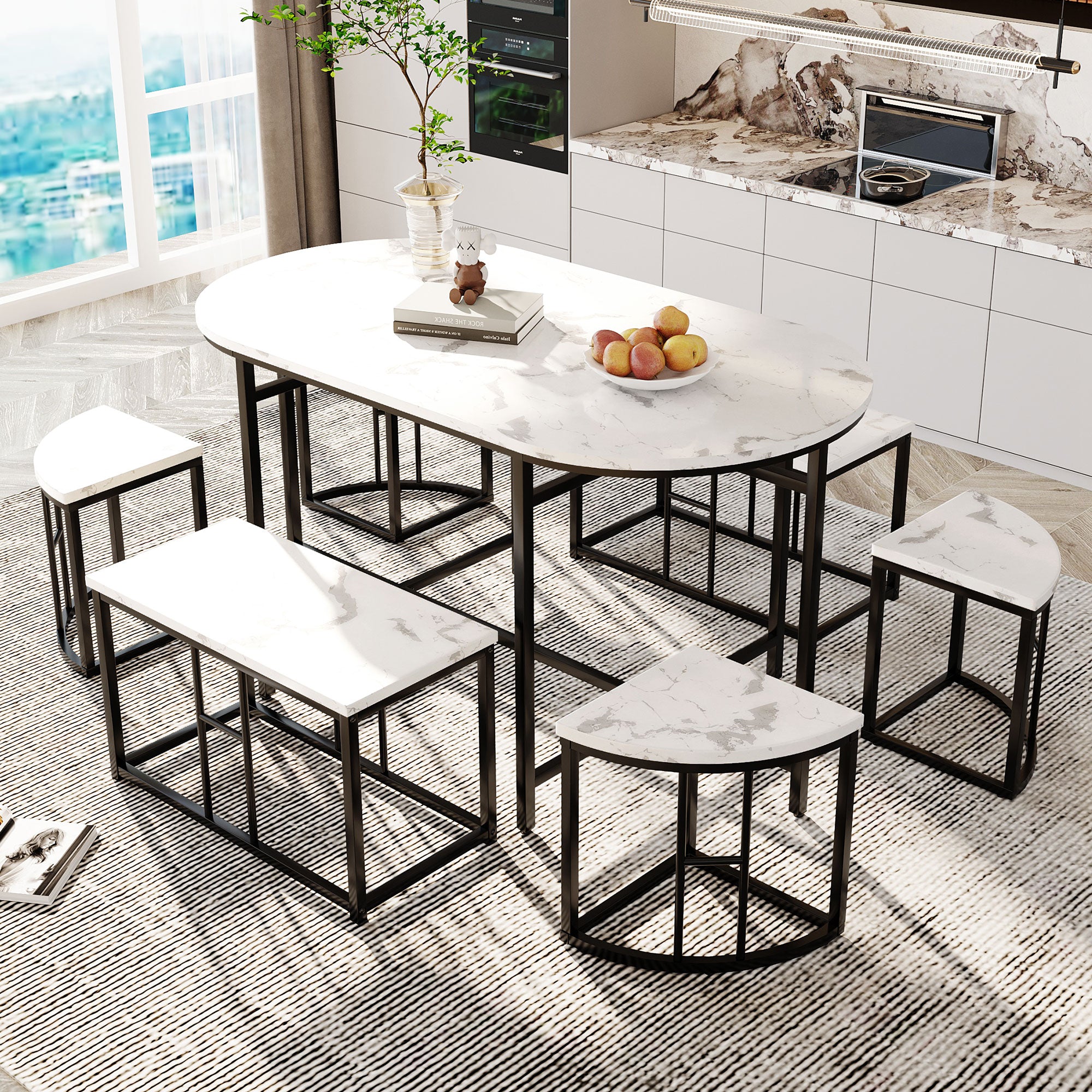 Dining room table set with six chairs, Dining group with white MDF seat cushions and gold-plated iron frames, Modern luxury tables and chairs
