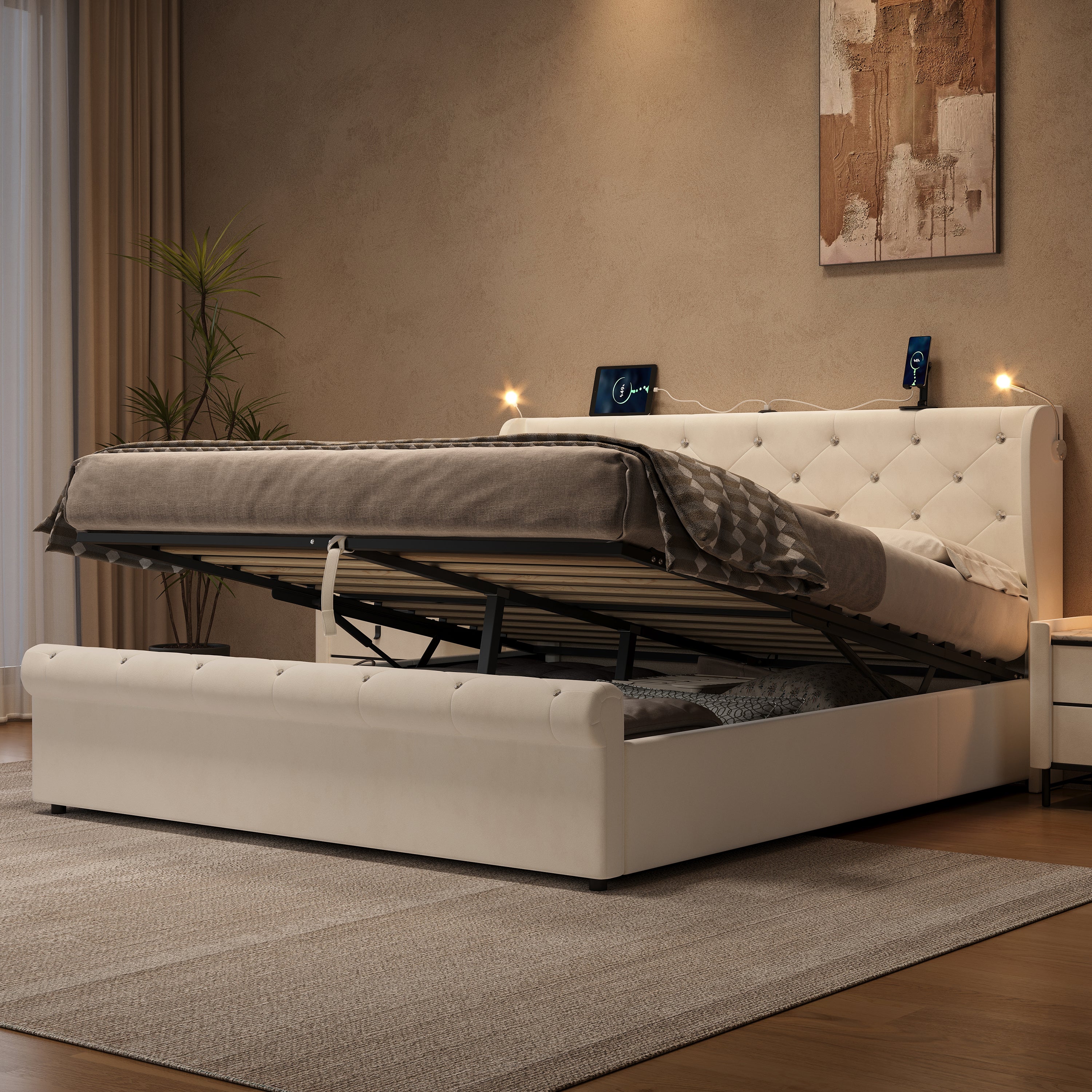 5ft King Upholstered Bed Frame with Hydraulic Storage,  Diamond Tufted Headboard with Charging Station and Reading Light, USB and Type - C Ports, Velvet, Beige (No Mattress)