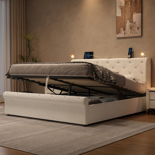 5ft King Upholstered Bed Frame with Hydraulic Storage,  Diamond Tufted Headboard with Charging Station and Reading Light, USB and Type - C Ports, Velvet, Beige (No Mattress)