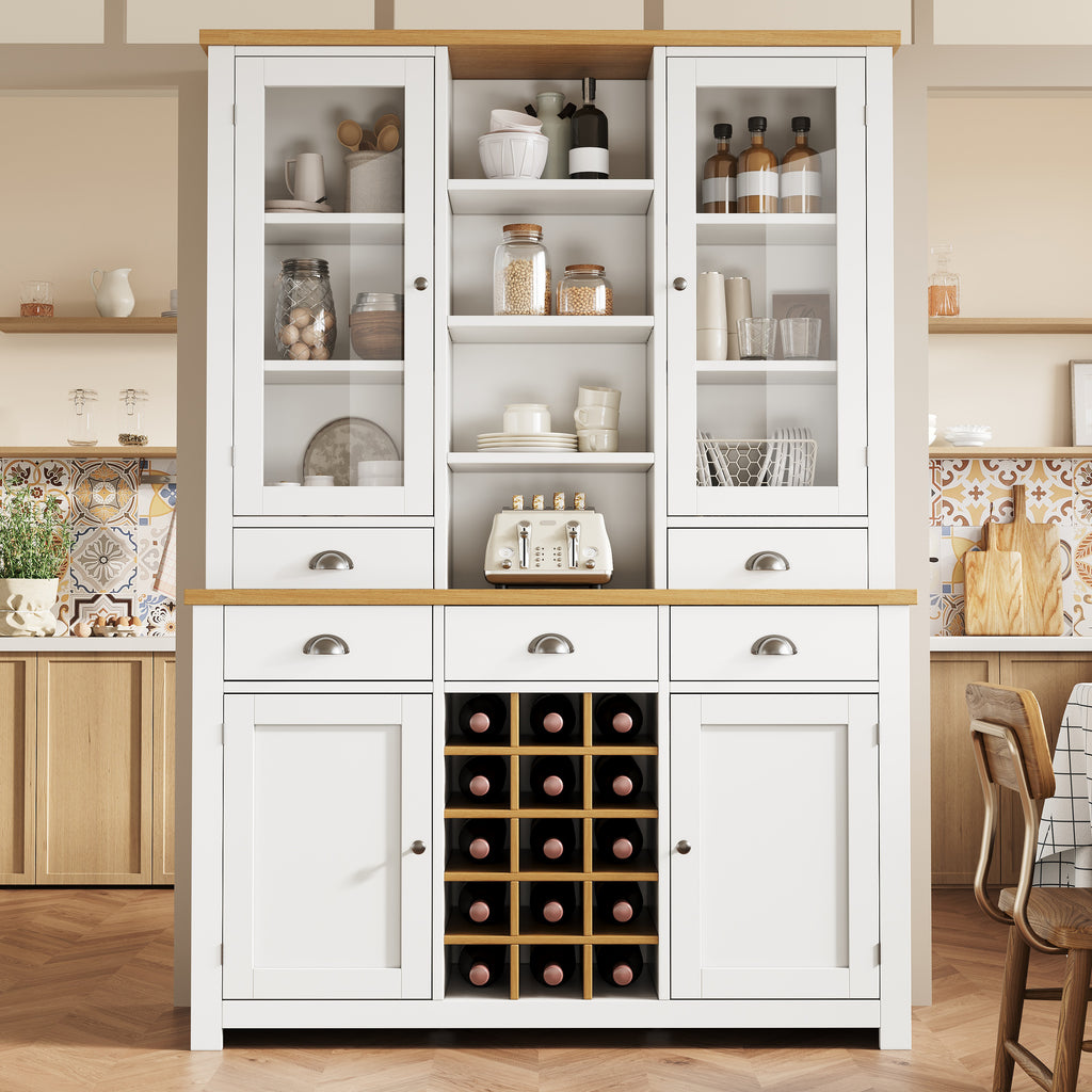 Kitchen Pantry Cabinet with Wine Rack, 185cm Tall Storage Cabinet with Glass Doors, 5 Drawers & Adjustable Shelves, White