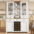 Kitchen Pantry Cabinet with Wine Rack, 185cm Tall Storage Cabinet with Glass Doors, 5 Drawers & Adjustable Shelves, White