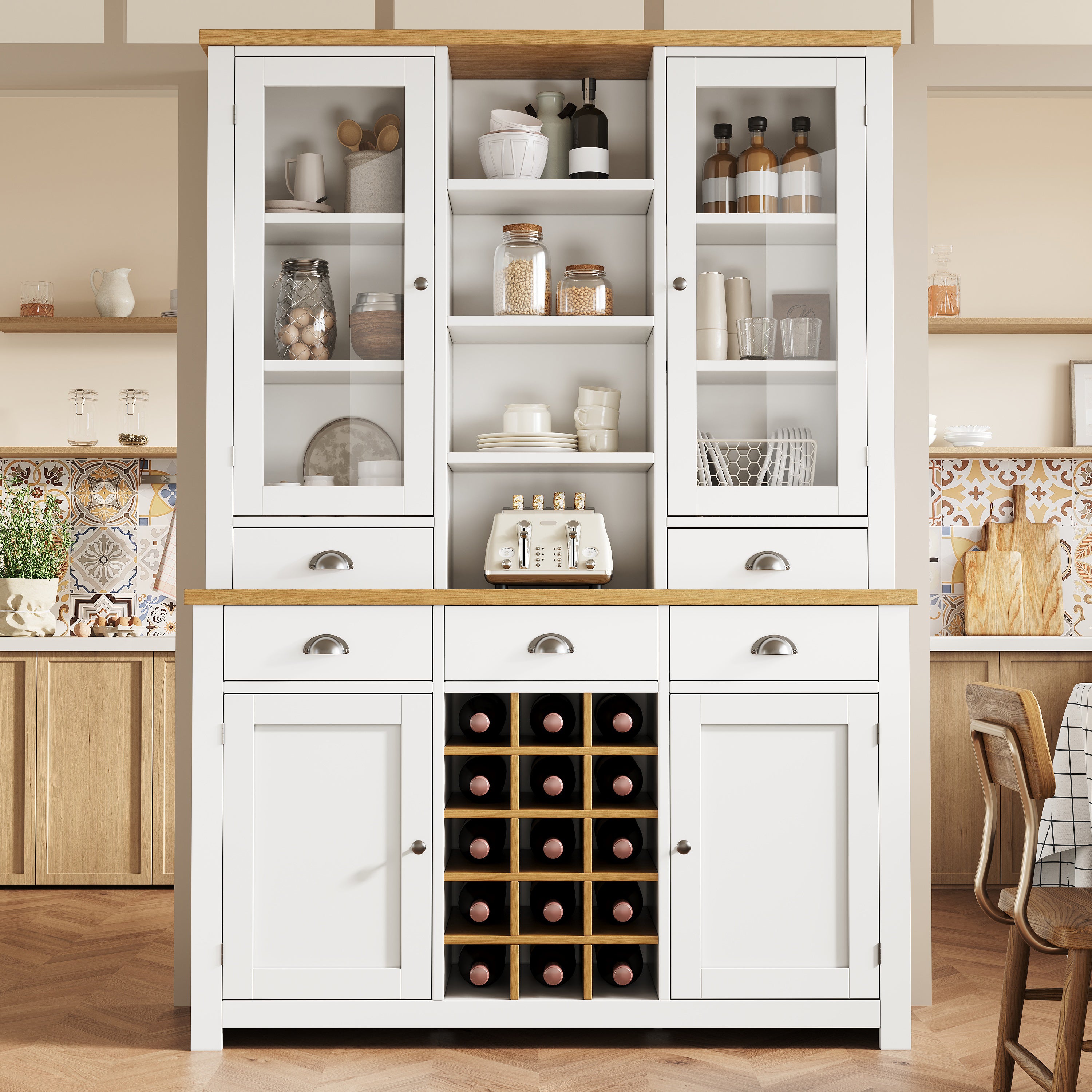 Kitchen Pantry Cabinet with Wine Rack, 185cm Tall Storage Cabinet with Glass Doors, 5 Drawers & Adjustable Shelves, White