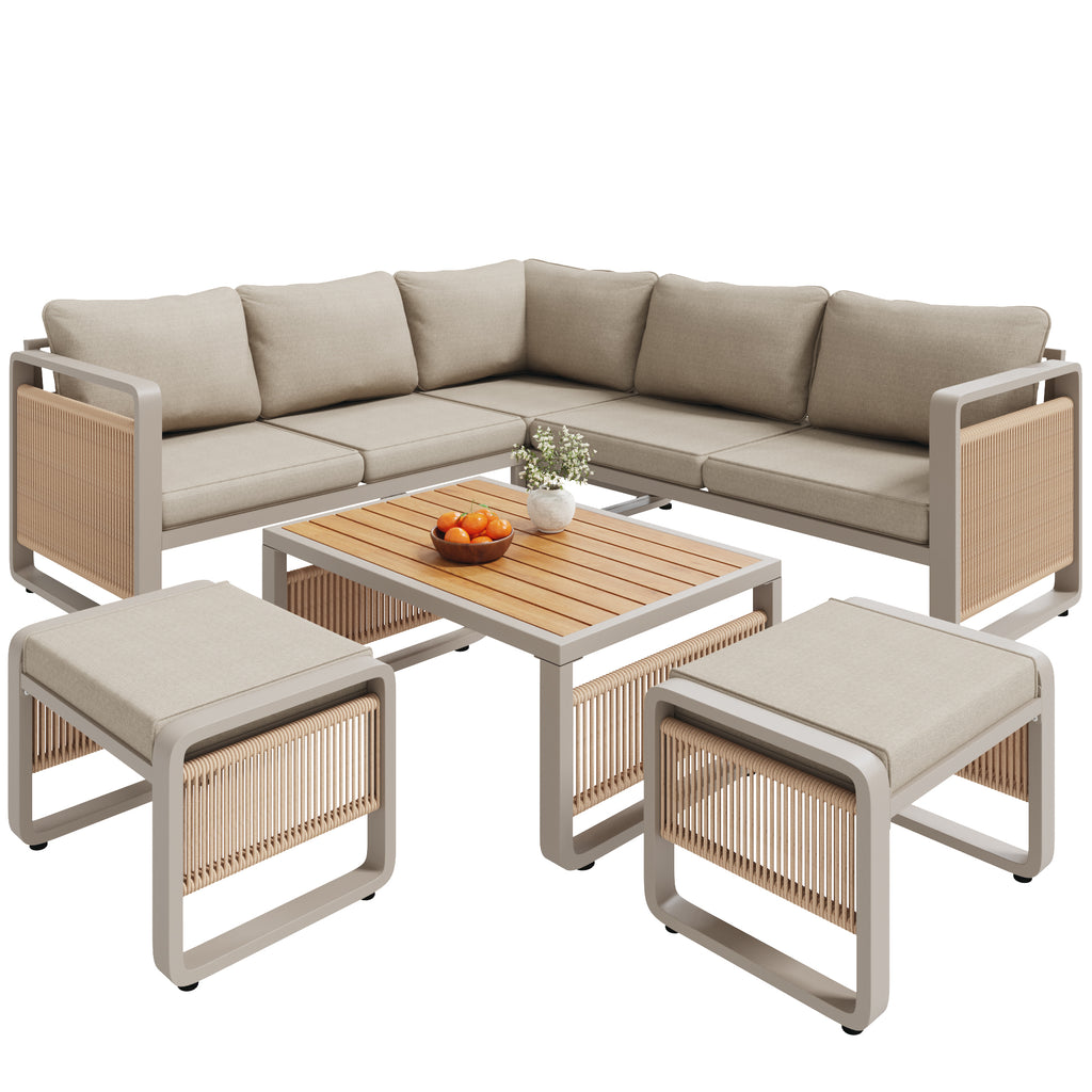 Garden lounge chair set, furniture set for 6-7 people, handwoven rope garden sofa, weatherproof corner set & iron lounger, including soft seat and back cushions, adjustable feet, beige