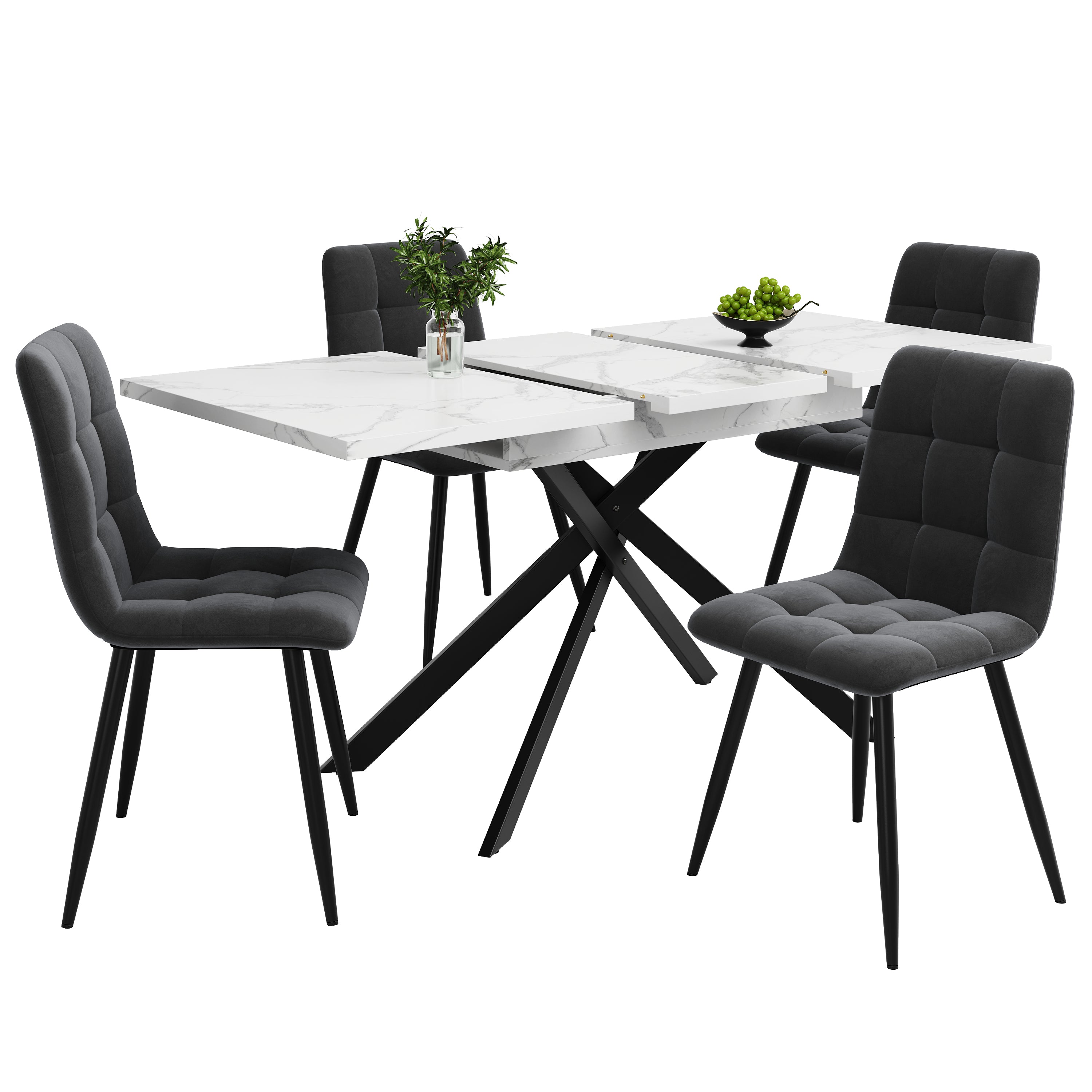 Dining table Telescopic table (120–160 cm), extendable dining table, space-saving kitchen table, black crossed iron legs, for kitchen and living room, white marbled dining table