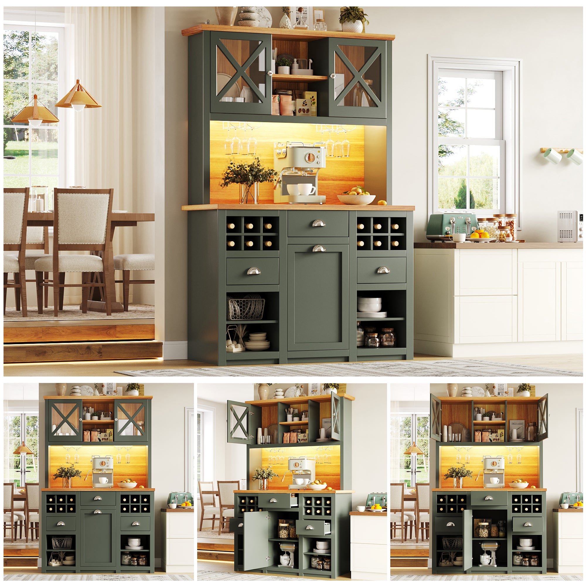 Kitchen cabinets (120 x 45 x 188 cm), tall kitchen cabinets, sideboards, kitchen cabinets with glass doors and LED lighting, side cabinet with wine rack, adjustable shelves, green