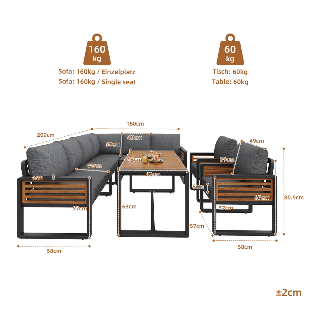Garden lounge set, garden sofa with dining table made of solid wood, furniture set for 8 people, adjustable legs, all seat and back cushions included, gray
