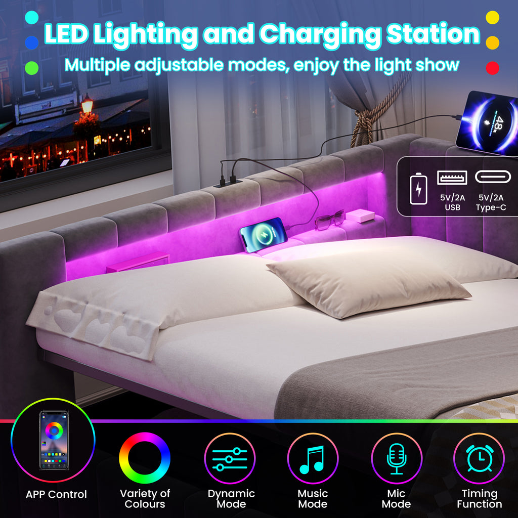 4ft6 Double Velvet Side Hydraulic Storage Bed with Smart RGB LED Lights & Charging Station, Side Opening Ottoman Bed Frame with Type-C & USB Ports, Channel Tufted, Grey(No Mattress)