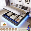4ft6 Double Floating Bed Frame with Hydraulic Under-bed Storage & Smart RGB LED Lights, No Headboard Upholstered Bed with Concealed Anti-Collision Leg, Linen Fabric, Grey (No Mattress)