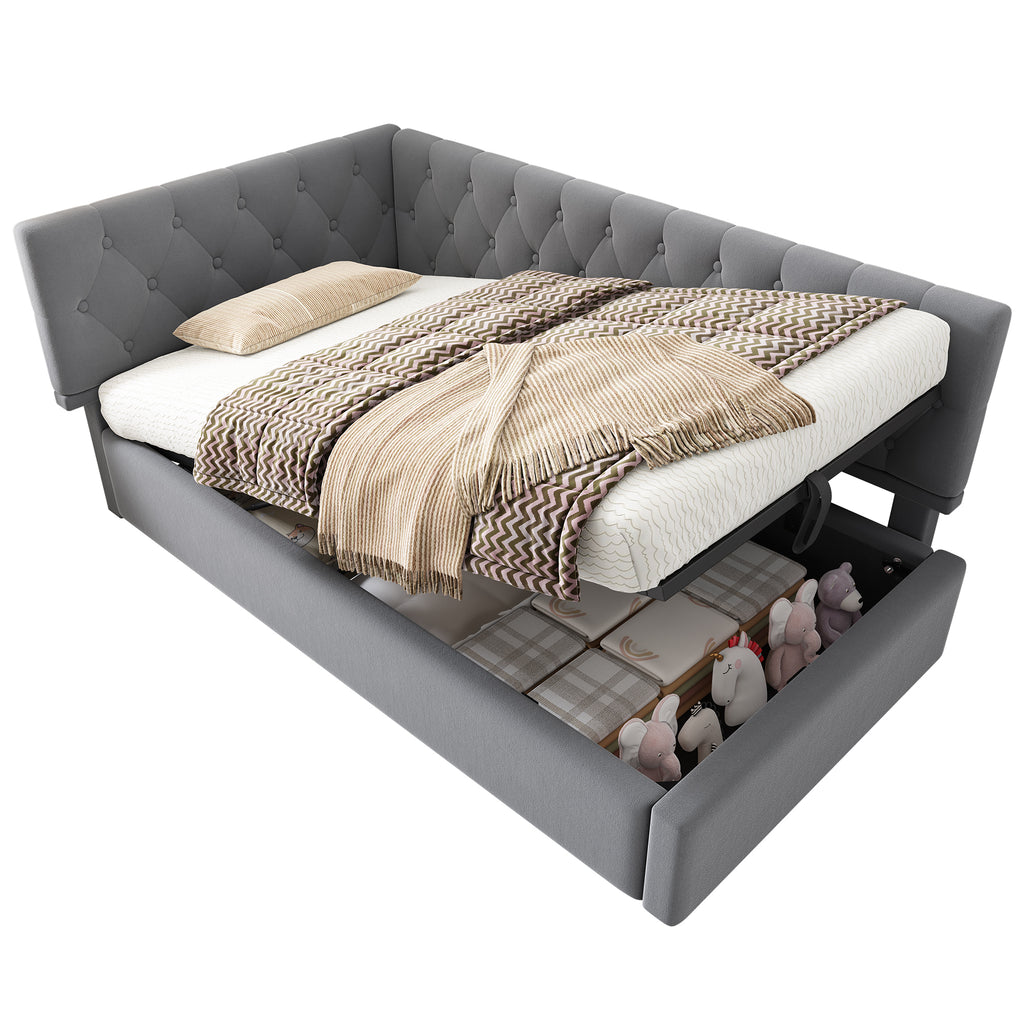 Daybed Upholstered Bed with Storage, 3FT Single Sofa Bed 90 x 190 cm, Ottoman Bed with Hydraulic Storage, Metal Slatted Bed Frame, Velvet, Grey (No Mattress)