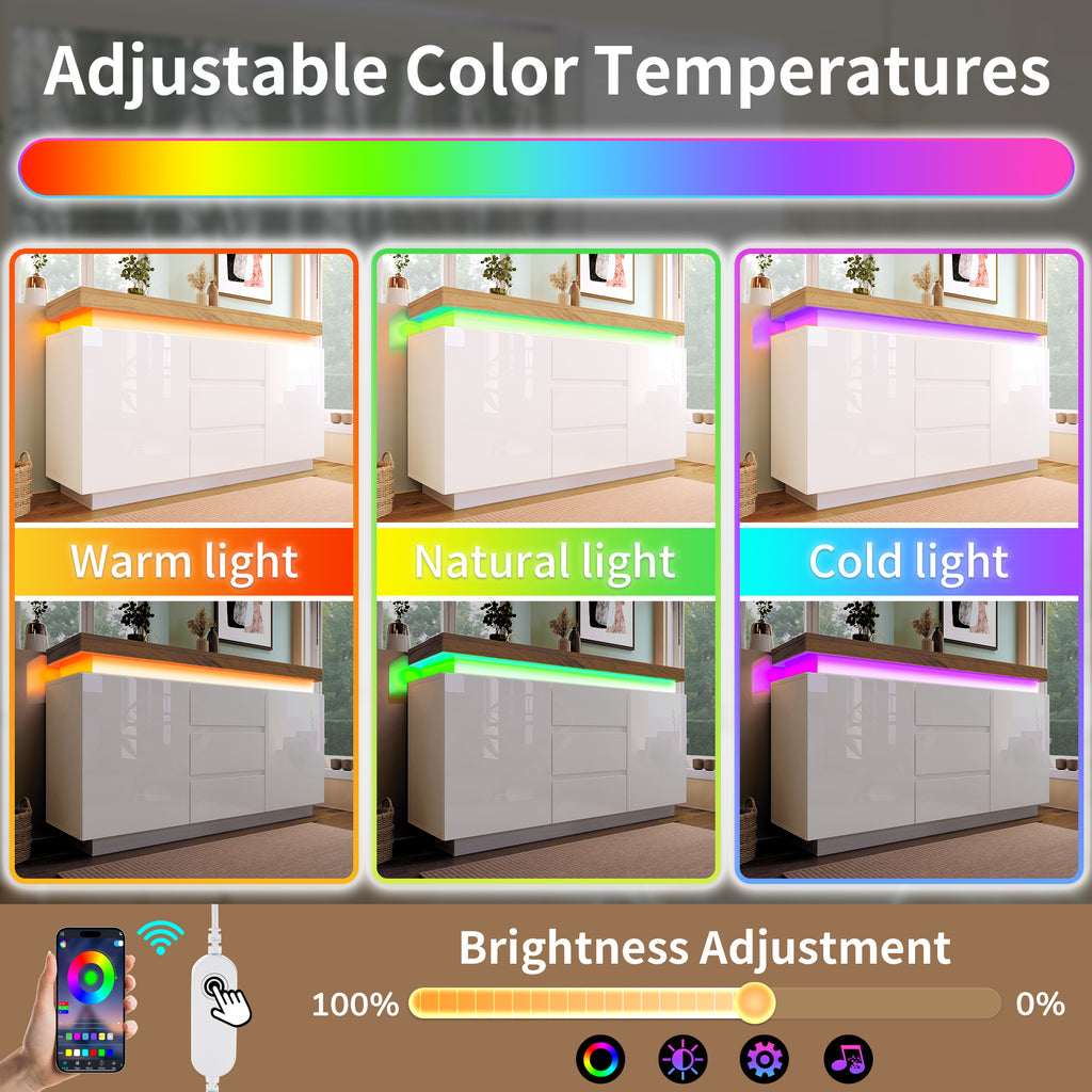 Chest of Drawers,High-gloss Sideboard Cabinet with 2 Doors and 3 Drawers,Storage with RGB LED(App-controlled),Multi-purpose Cabinet for Living Room and Bedroom, 81 x 140 x 39 cm, White