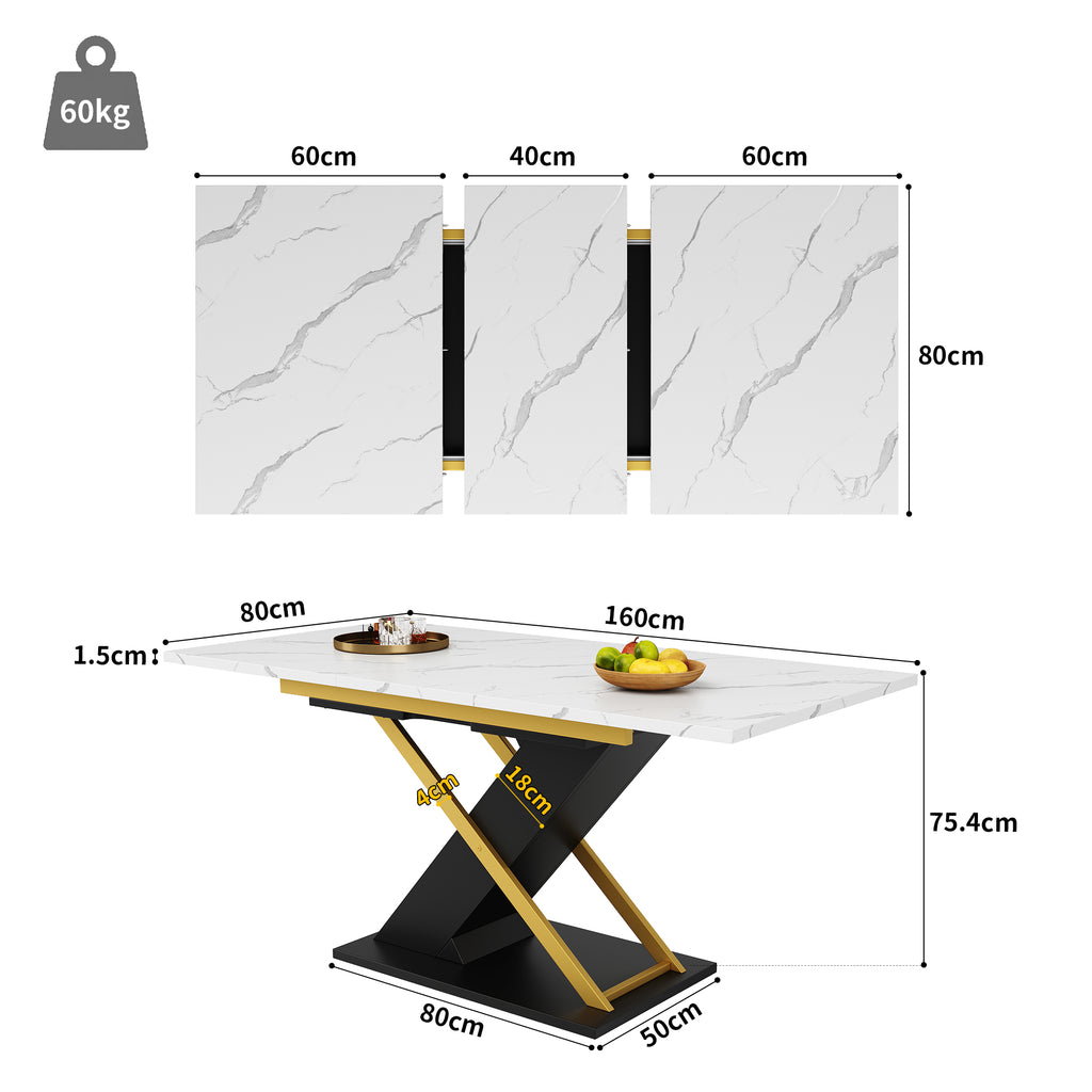 Extendable dining table (120–160 × 80 cm), kitchen/living room table, extendable table, extendable to 160 cm with the aid of an internal insert panel, dining table with golden cross legs