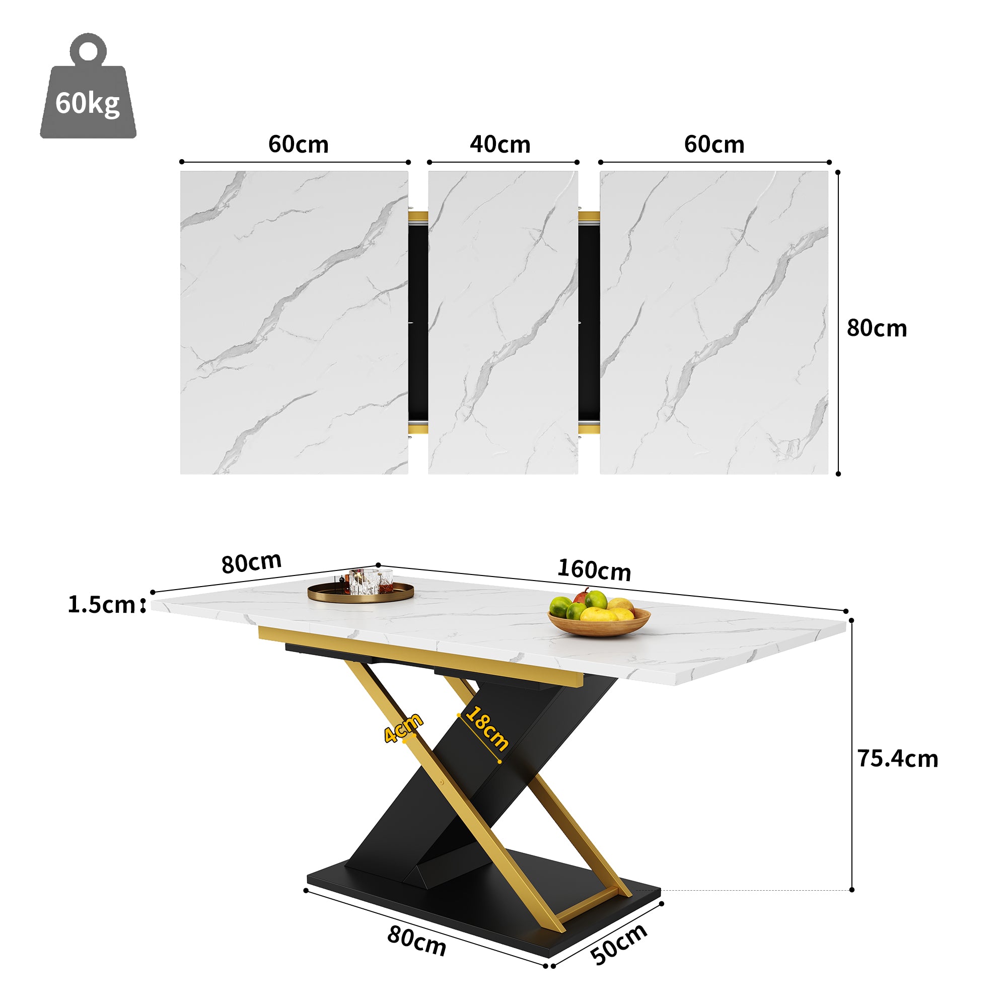 Extendable dining table (120–160 × 80 cm), kitchen/living room table, extendable table, extendable to 160 cm with the aid of an internal insert panel, dining table with golden cross legs