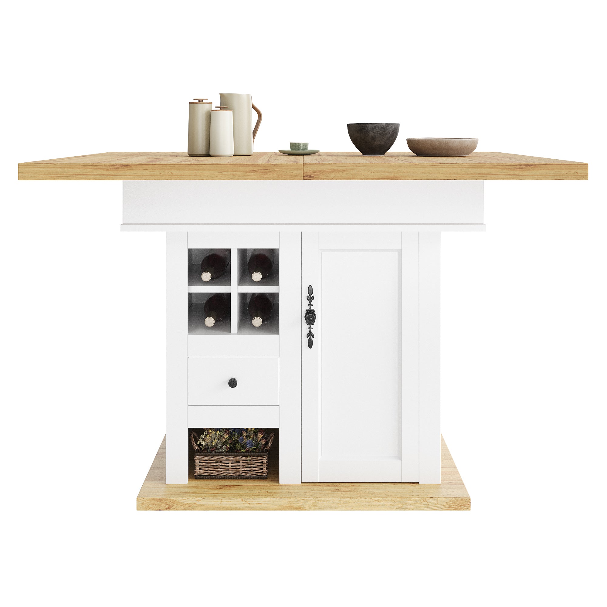 Telescopic dining table (110-140×80cm), foldable kitchen table for 4-6 people, extendable dining table, space-saving kitchen table, for kitchen and living room, dining table with wine rack and drawers