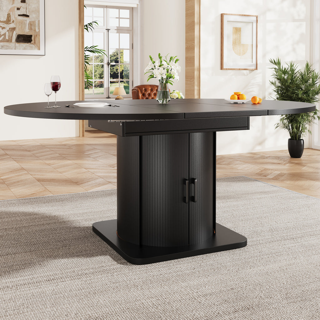 Extendable dining table, dining room table, kitchen table, round dining table, extends to oval, 118-158 cm, seats up to 6 people, dining table with drawers, black