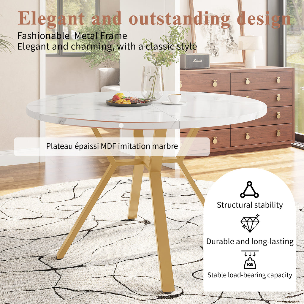 Dining table set, dining table and chair set (5-piece), modern, simple round marble dining table and chair set, gold-coloured metal table legs + 4 ergonomic velvet chairs, gray dining chairs