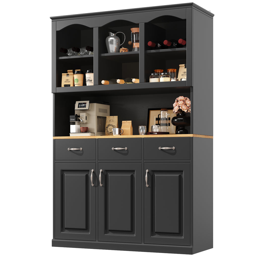 Kitchen cabinet (120 × 40 × 180 cm), tall kitchen buffet, multi-purpose buffet, snack cabinet, storage furniture with three doors, three drawers and LED lighting, black