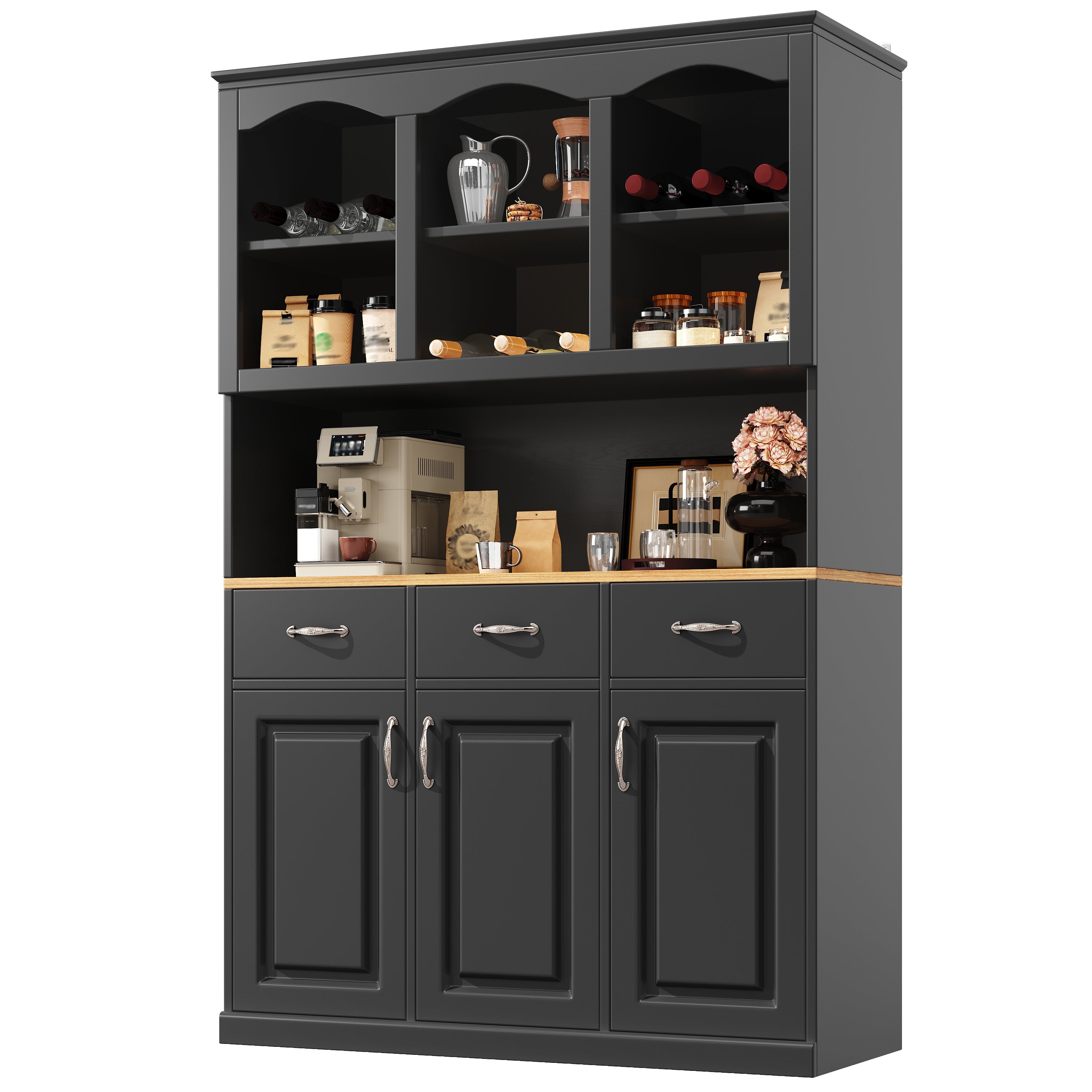 Kitchen cabinet (120 × 40 × 180 cm), tall kitchen buffet, multi-purpose buffet, snack cabinet, storage furniture with three doors, three drawers and LED lighting, black