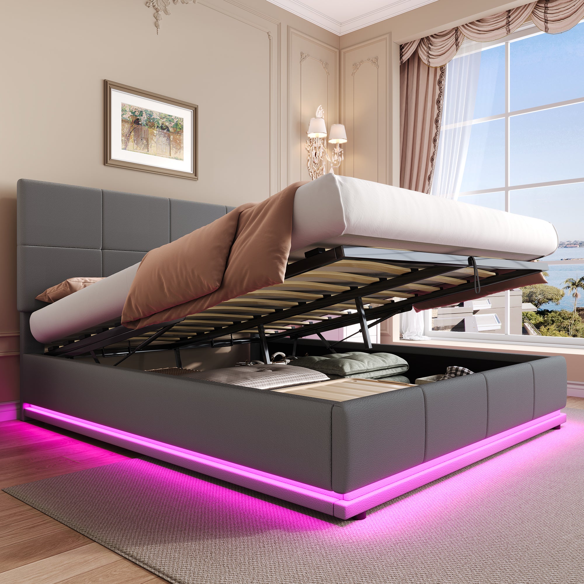 Ottoman Double Bed with LED Lighting, PU Leather Upholstered Bed with Hydraulic Storage, 4ft6 Double Bed Frame with Adjustable Square Tufted Headboard, Grey (No Mattress)